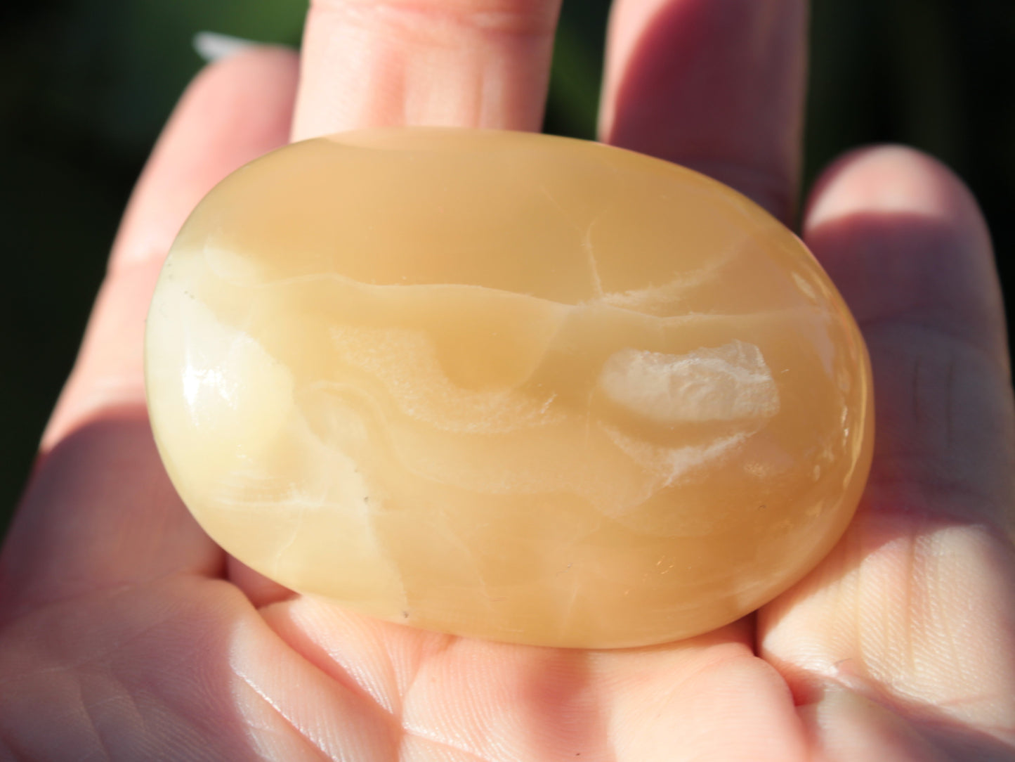 Honey Calcite palm stone from Pakistan 71.7g Rocks and Things