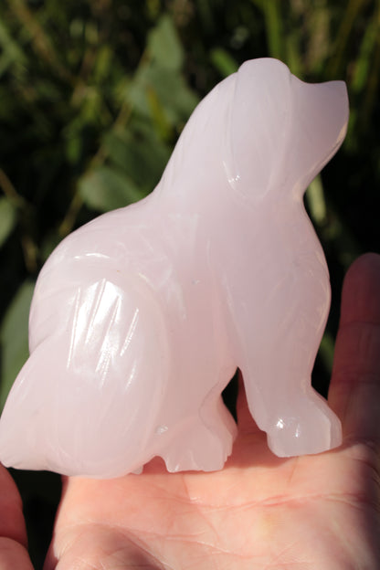 Mangano Calcite hand-carved sitting dog 604g Rocks and Things