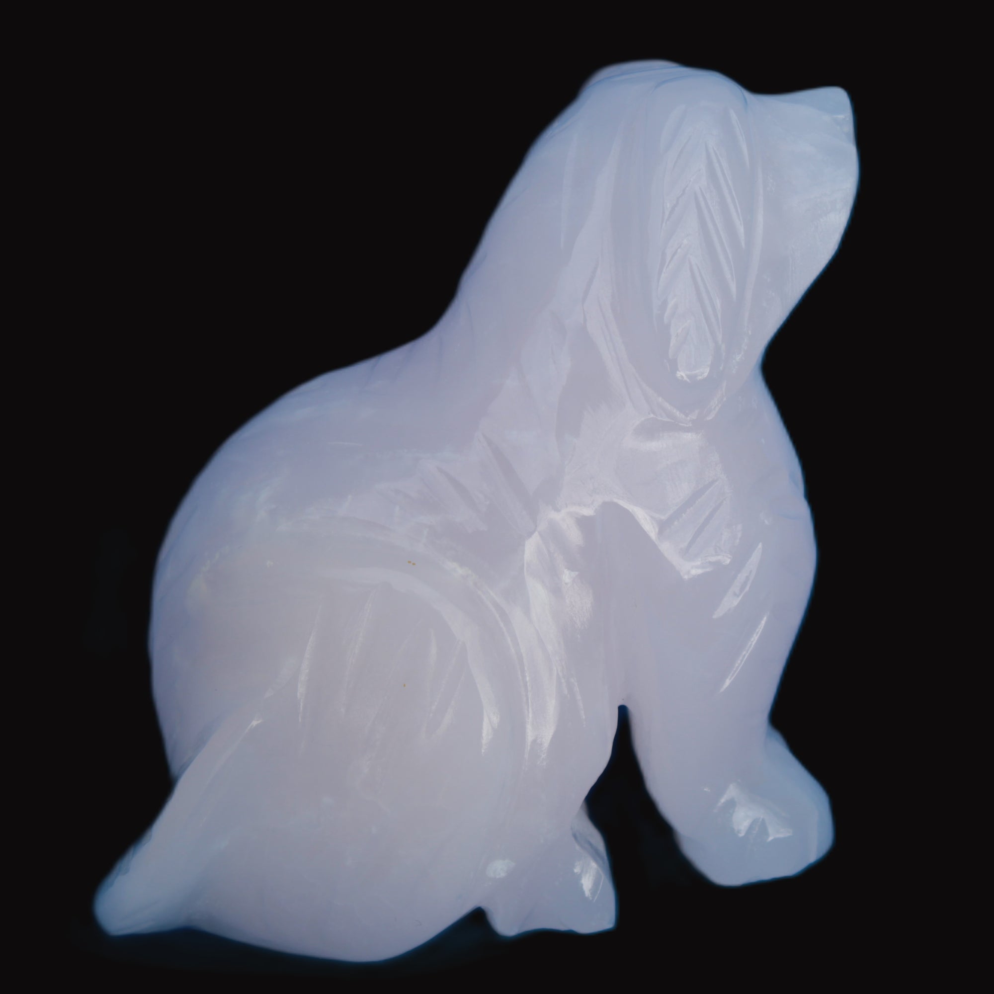 Mangano Calcite hand-carved sitting dog 604g Rocks and Things Store
