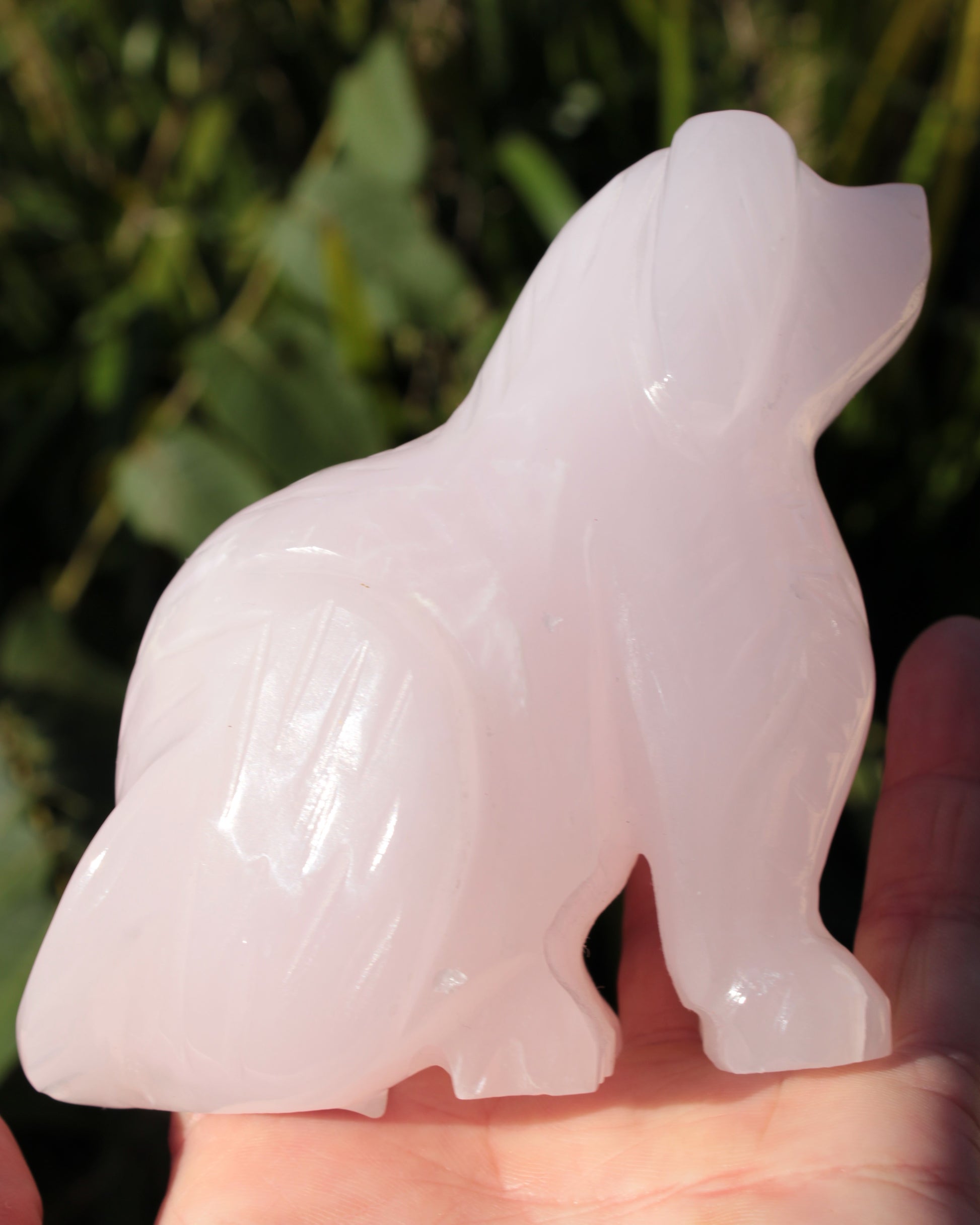 Mangano Calcite hand-carved sitting dog 604g Rocks and Things