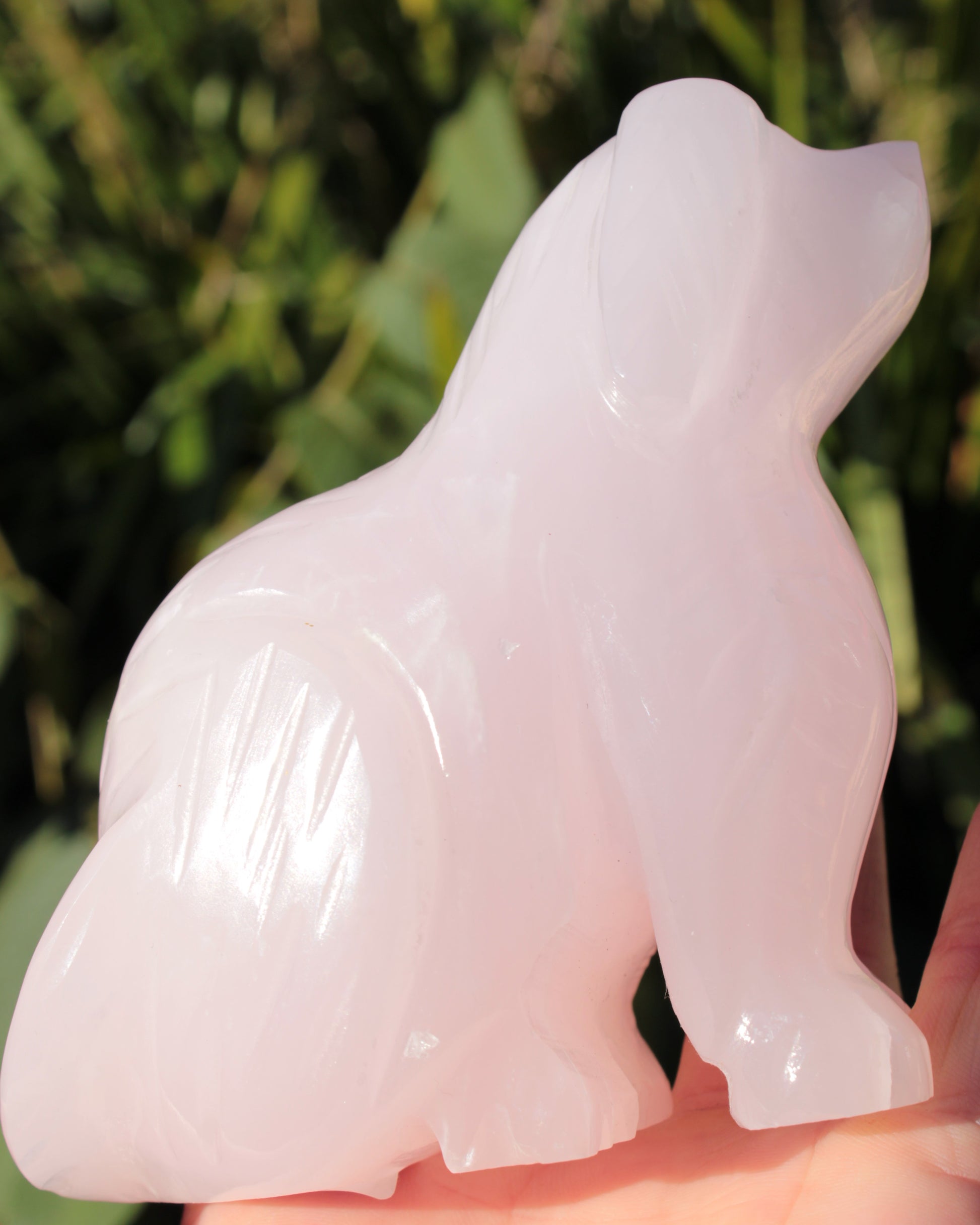 Mangano Calcite hand-carved sitting dog 604g Rocks and Things