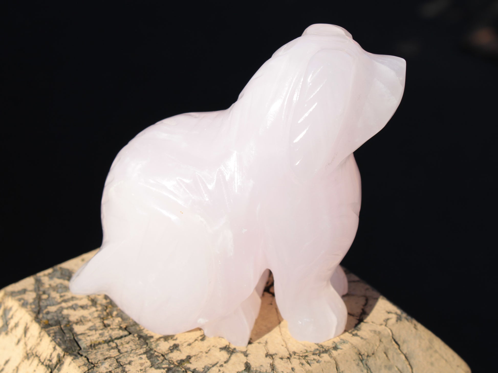 Mangano Calcite hand-carved sitting dog 604g Rocks and Things