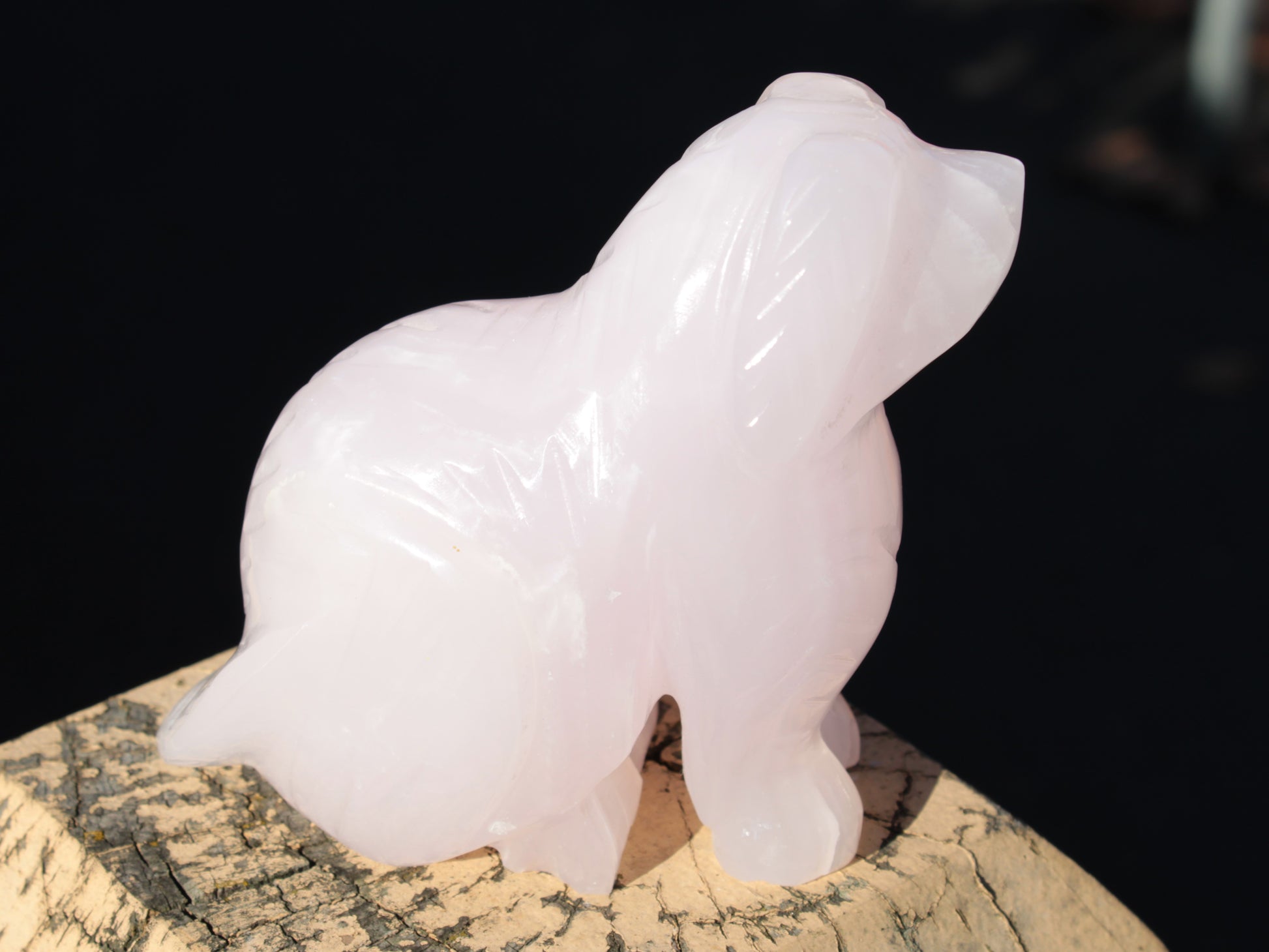 Mangano Calcite hand-carved sitting dog 604g Rocks and Things