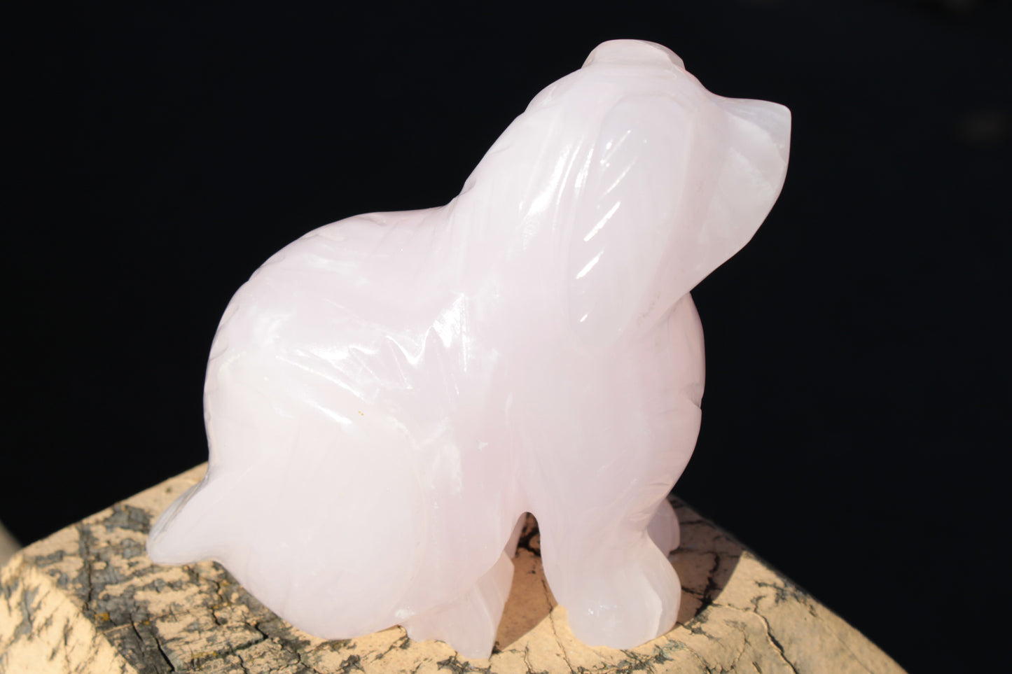 Mangano Calcite hand-carved sitting dog 604g Rocks and Things