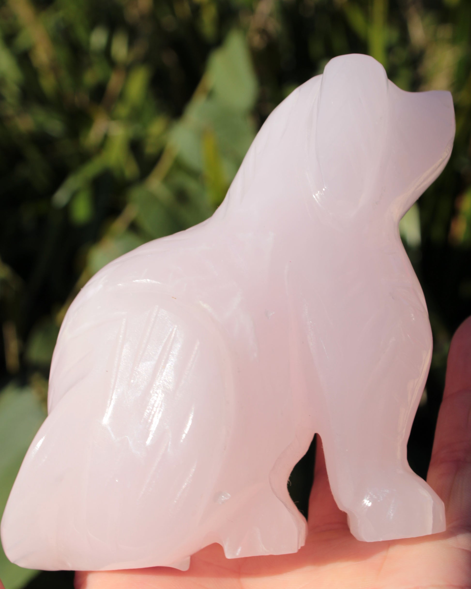 Mangano Calcite hand-carved sitting dog 604g Rocks and Things