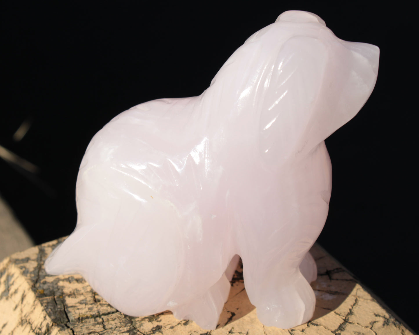 Mangano Calcite hand-carved sitting dog 604g Rocks and Things