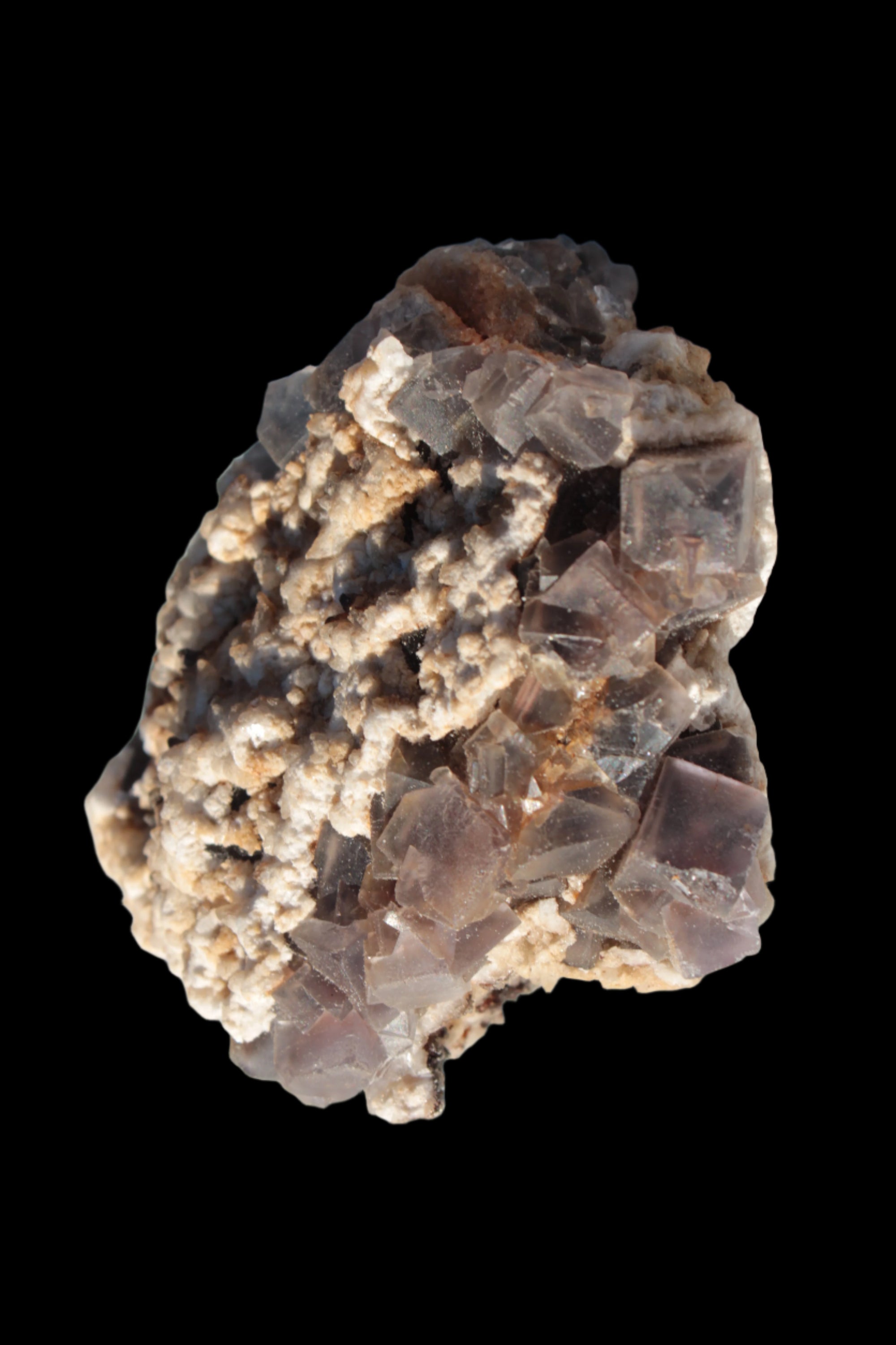 Cubic Fluorite cluster with UV reactive Calcite 278g in sunshine - Rocks and Things Store