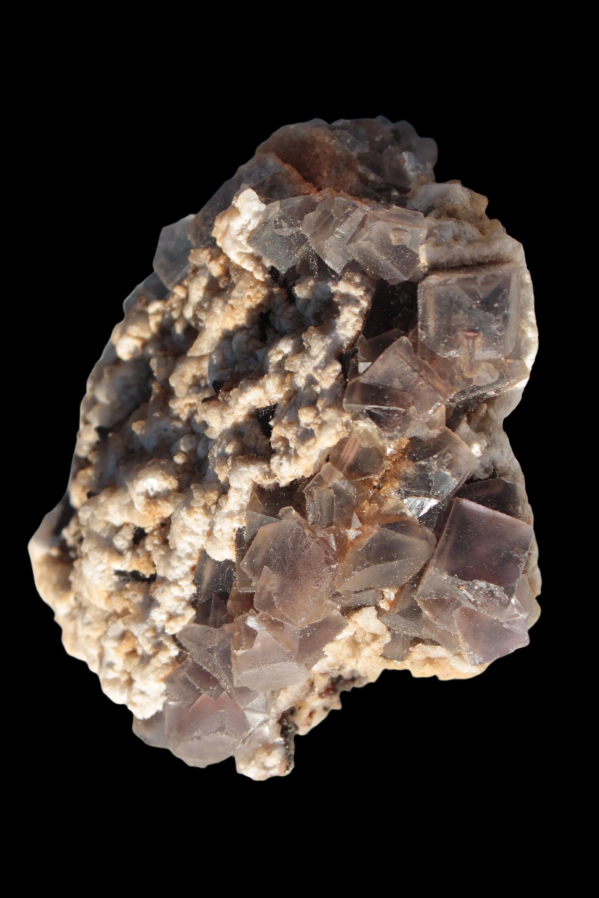 Cubic Fluorite cluster with UV reactive Calcite 278g in sunshine - Rocks and Things Store