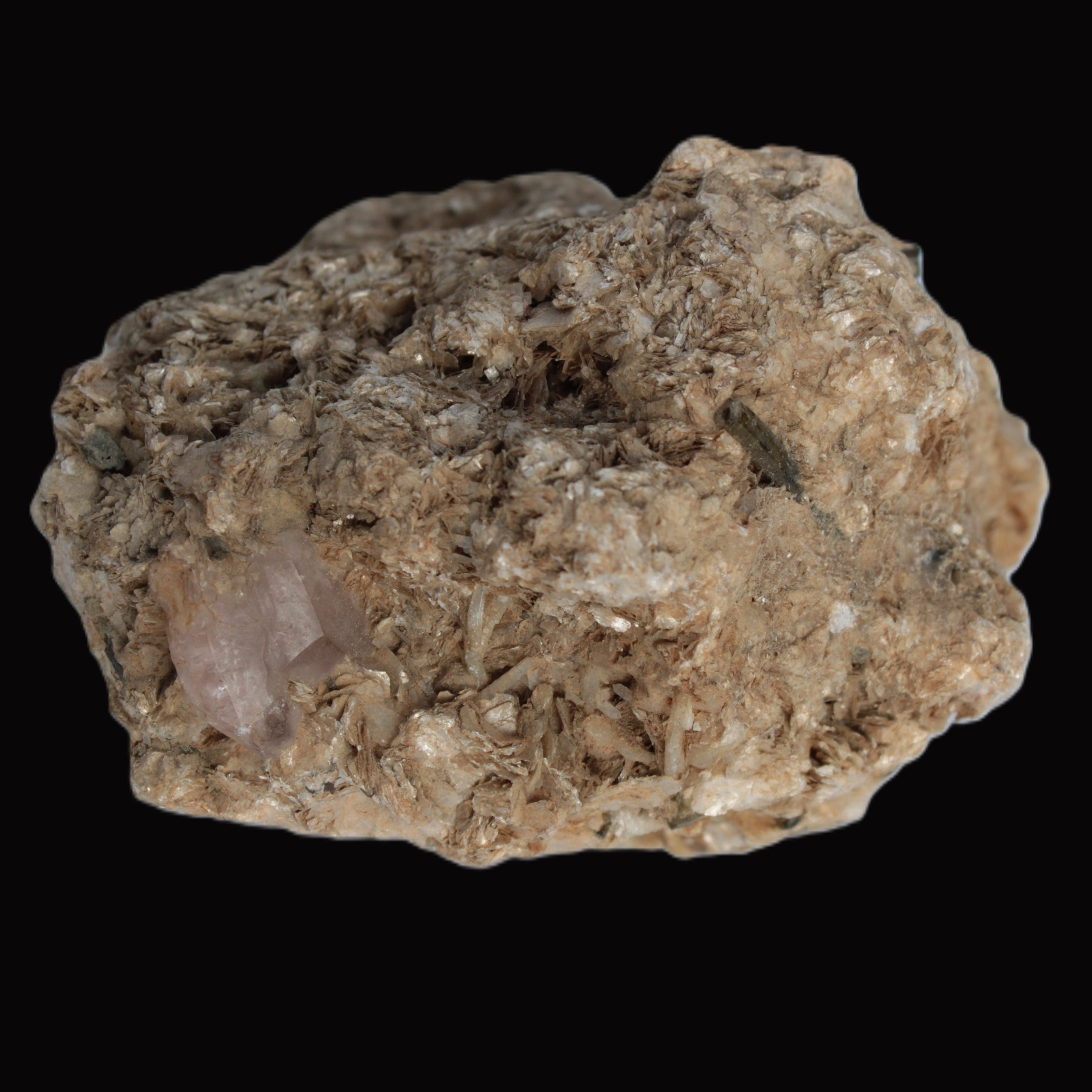 Pink Topaz with Green Tourmaline in Muscovite/Feldspar matrix 99.5g in LED light - Rocks and Things Store