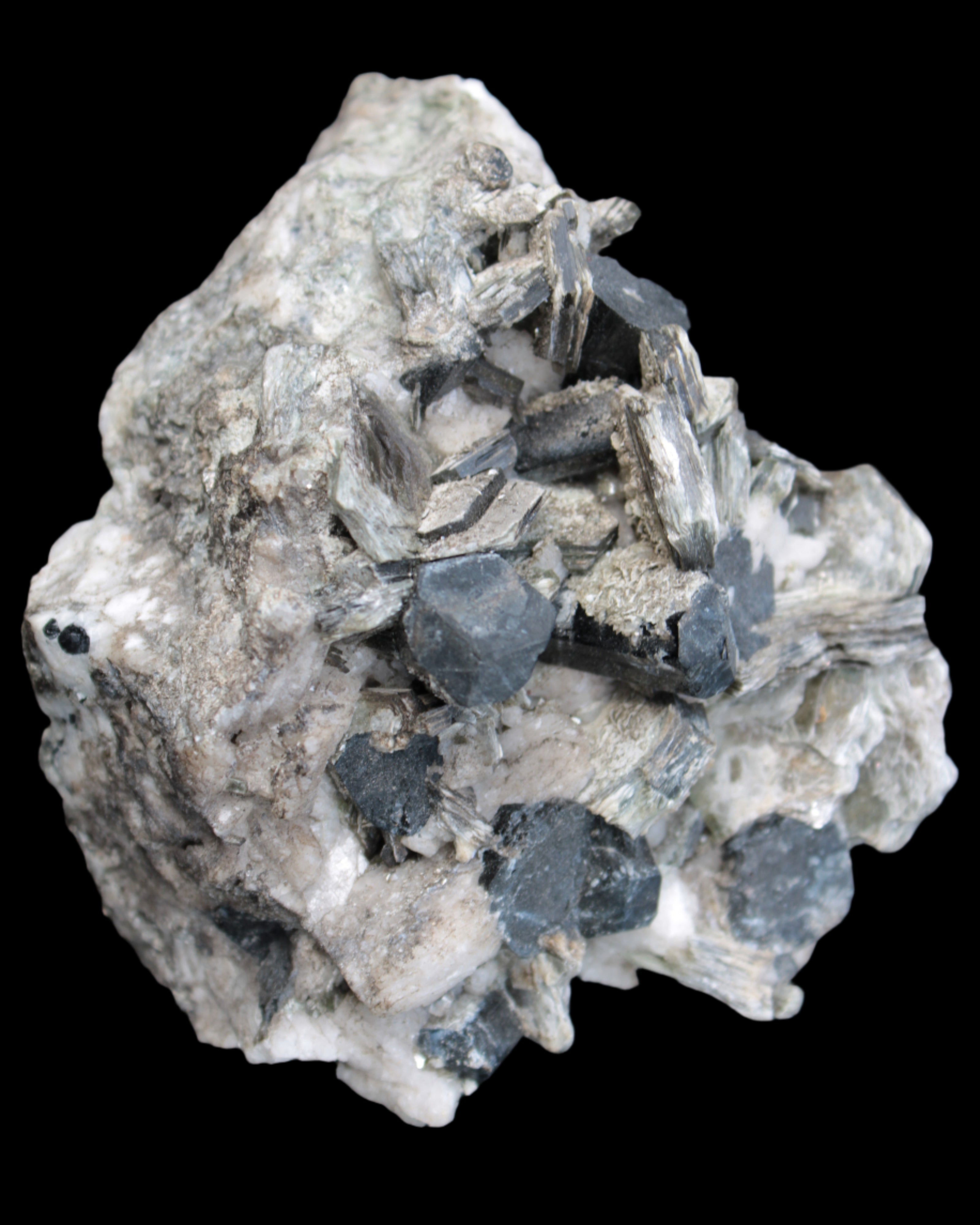 Black Tourmaline crystals massed with amazing Lepidolite sandwiches and Muscovite clusters in Feldspar matrix 800g in sunlight - Rocks and Things Store