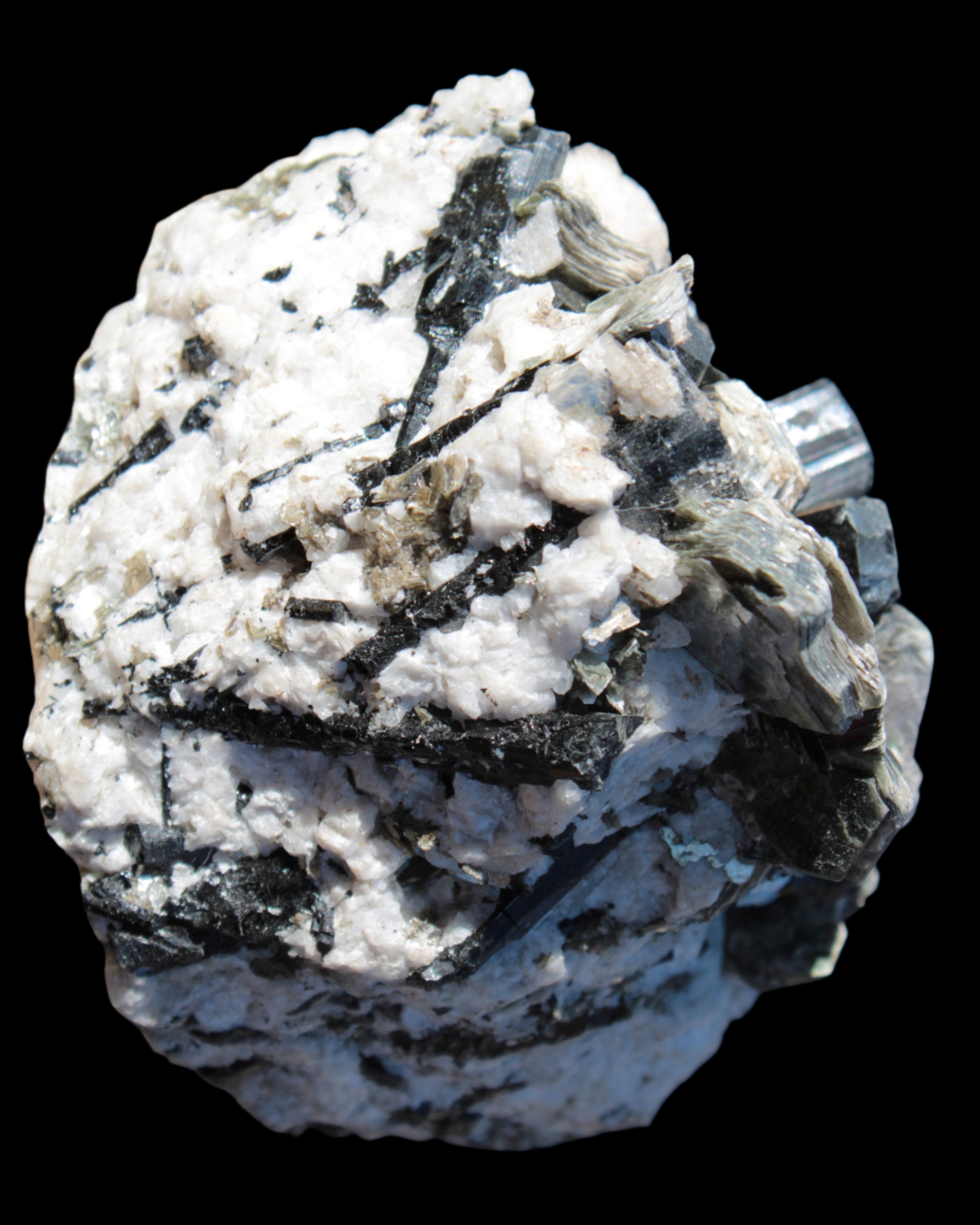 Black Tourmaline crystals massed with amazing Lepidolite sandwiches and Muscovite clusters in Feldspar matrix 800g in sunlight - Rocks and Things Store