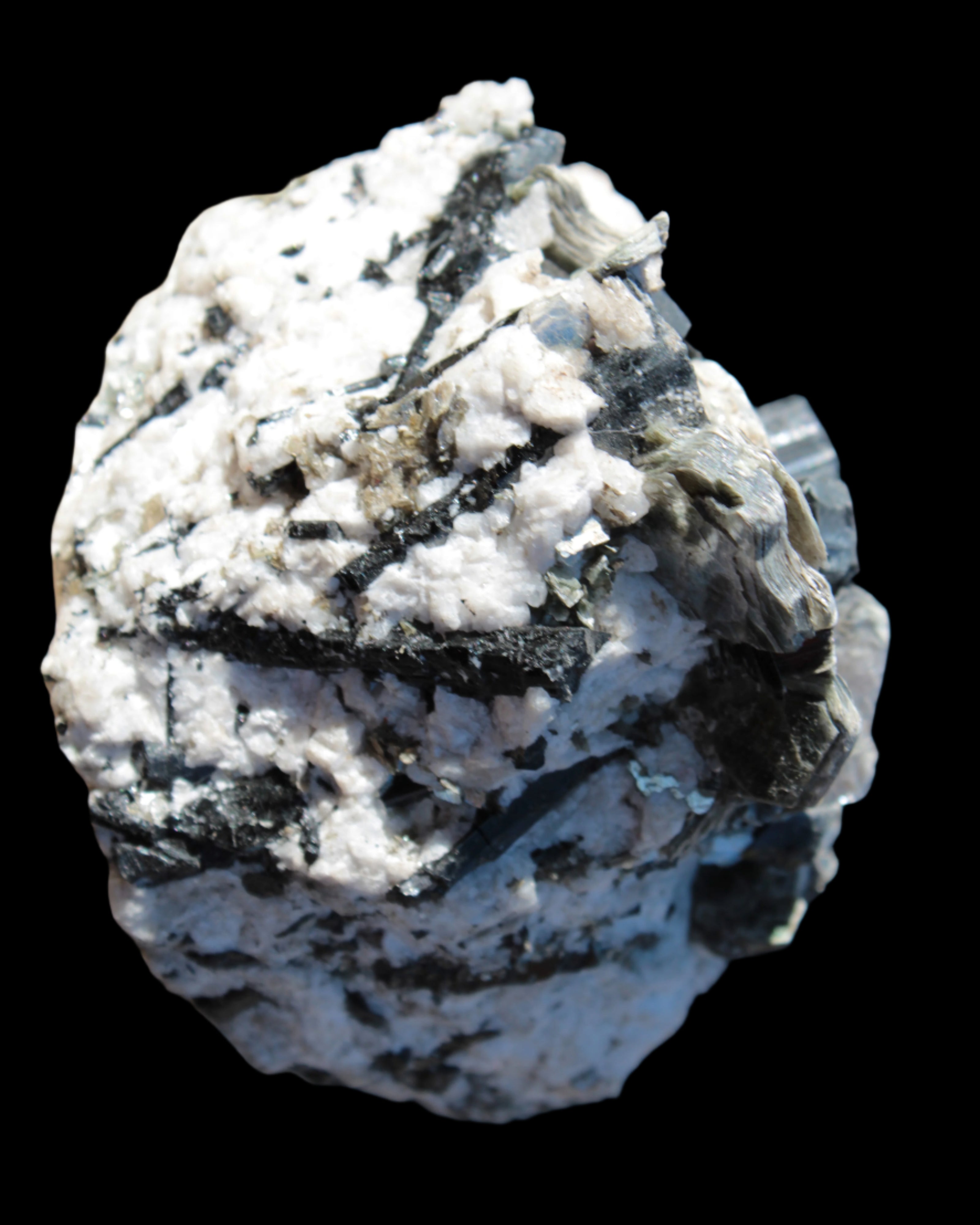 Black Tourmaline crystals massed with amazing Lepidolite sandwiches and Muscovite clusters in Feldspar matrix 800g in sunlight - Rocks and Things Store