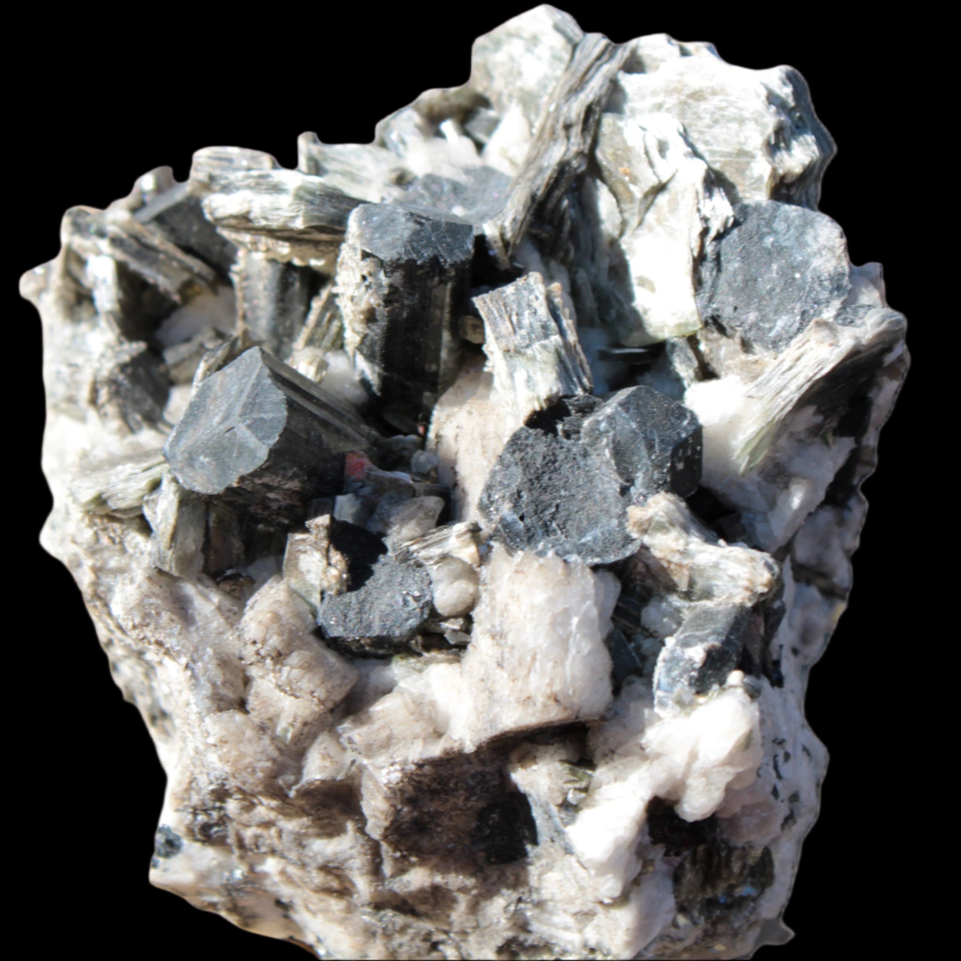 Black Tourmaline crystals massed with amazing Lepidolite sandwiches and Muscovite clusters in Feldspar matrix 800g in sunlight - Rocks and Things Store