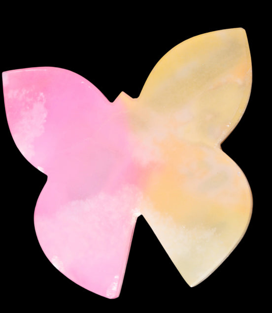 Pink and yellow Butterfly hand-carved in dyed Calcite from Pakistan 106*15*106mm 276g in sunshine - Rocks and Things Store