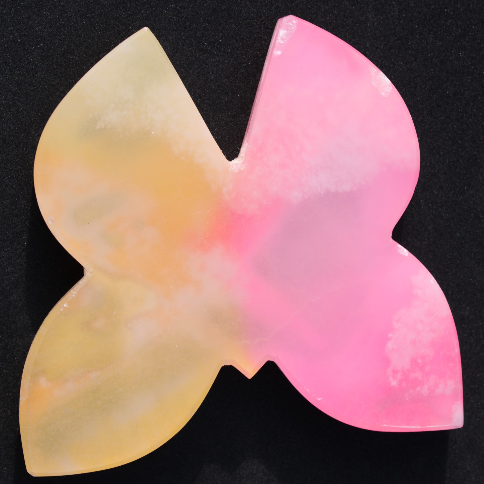 Pink and yellow Butterfly hand-carved in dyed Calcite from Pakistan 106*15*106mm 276g Rocks and Things