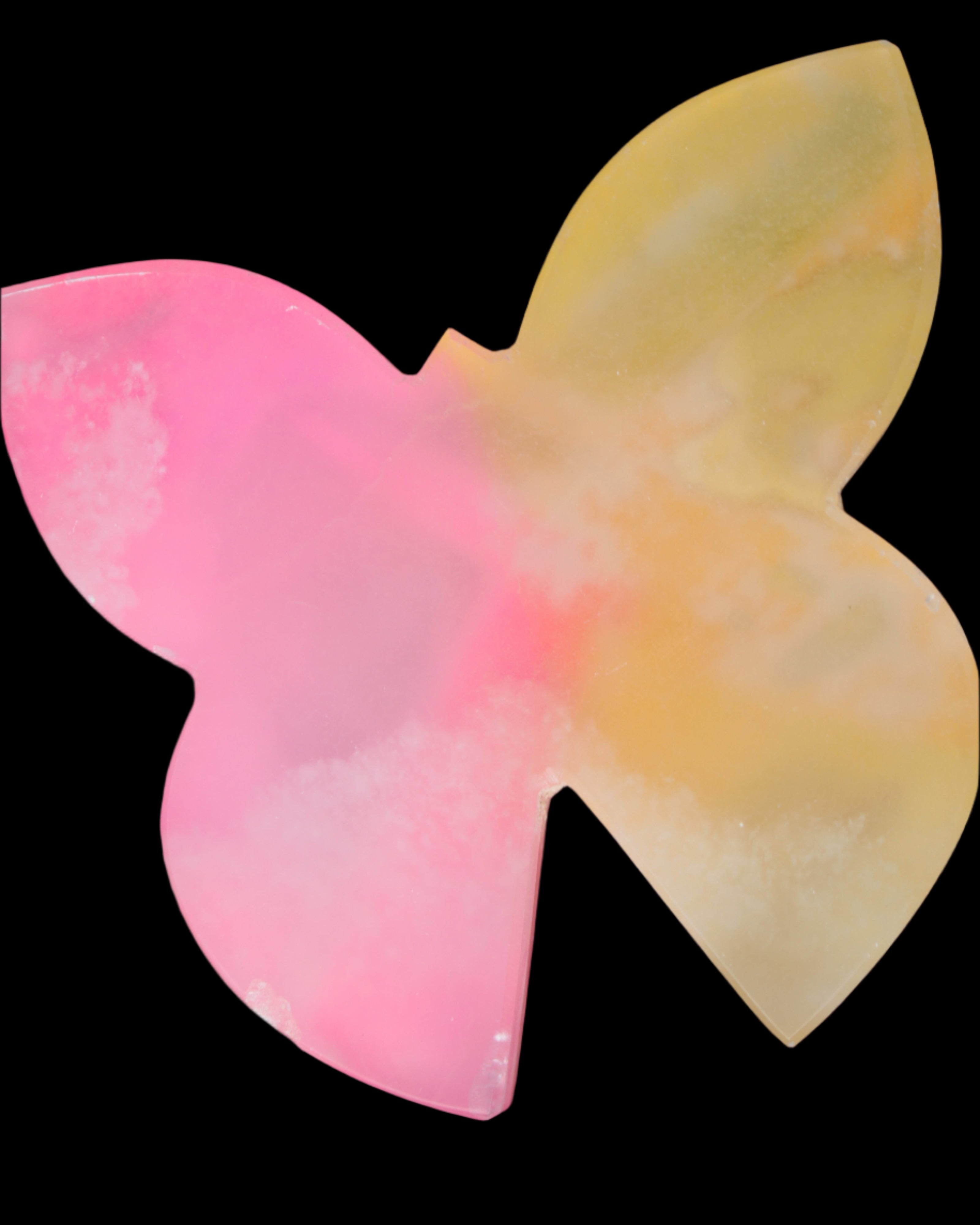 Pink and yellow Butterfly hand-carved in dyed Calcite from Pakistan 106*15*106mm 276g in sunshine - Rocks and Things Store