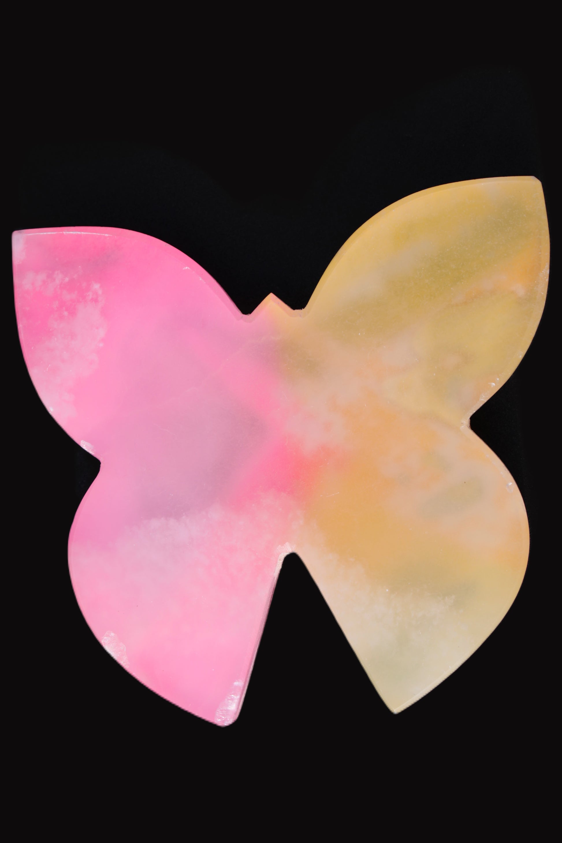 Pink and yellow Butterfly hand-carved in dyed Calcite from Pakistan 106*15*106mm 276g Rocks and Things