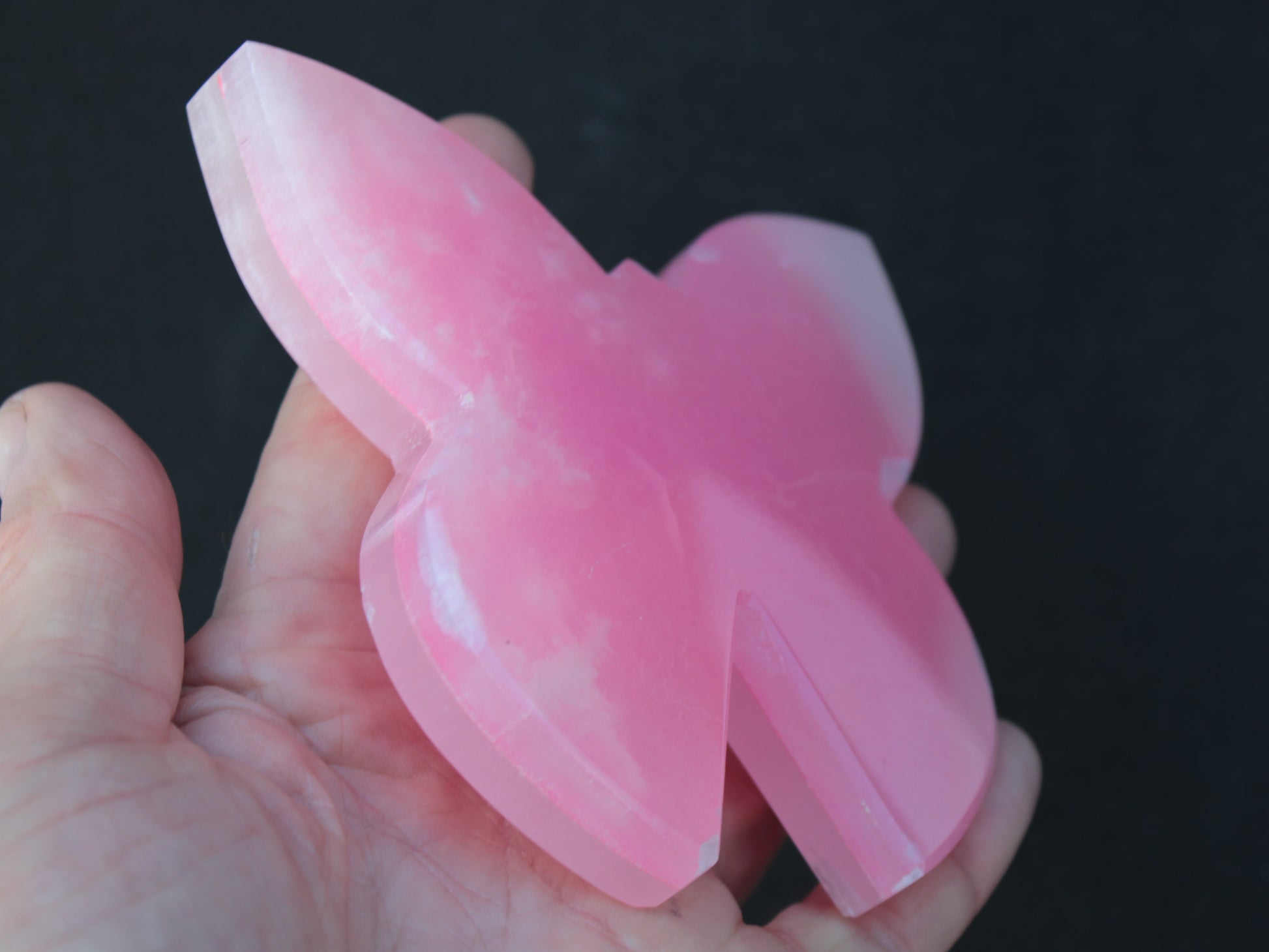 Pink Butterfly hand-carved in dyed Calcite from Pakistan 105*15*100mm 290g Rocks and Things