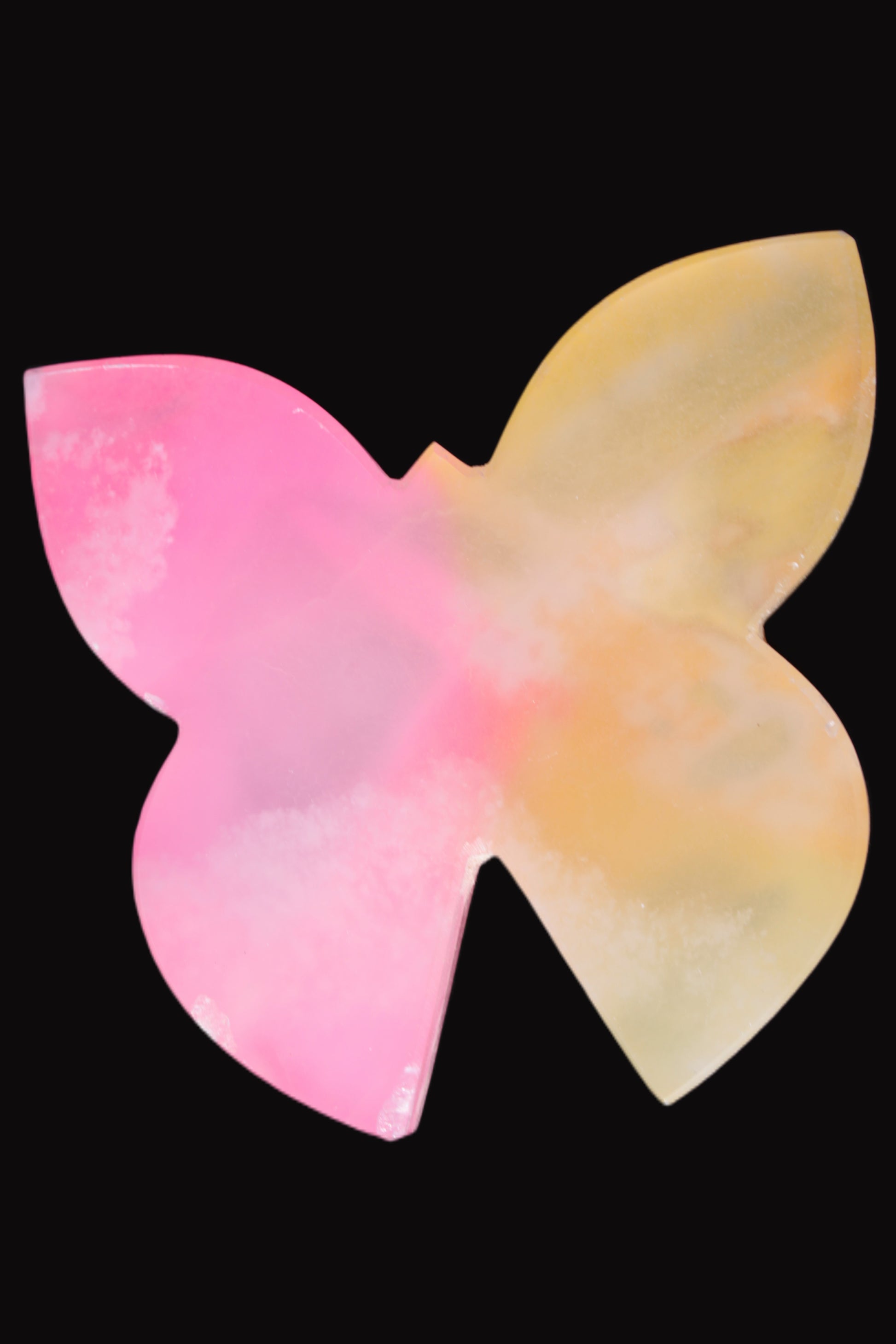 Pink and yellow Butterfly hand-carved in dyed Calcite from Pakistan 106*15*106mm 276g Rocks and Things