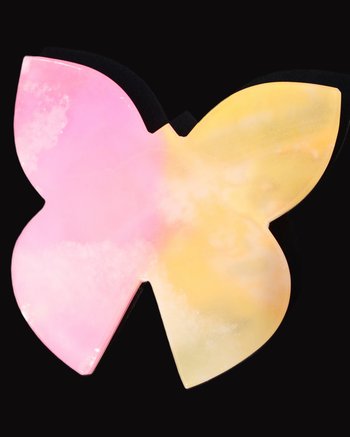 Pink and yellow Butterfly hand-carved in dyed Calcite from Pakistan 106*15*106mm 276g Rocks and Things