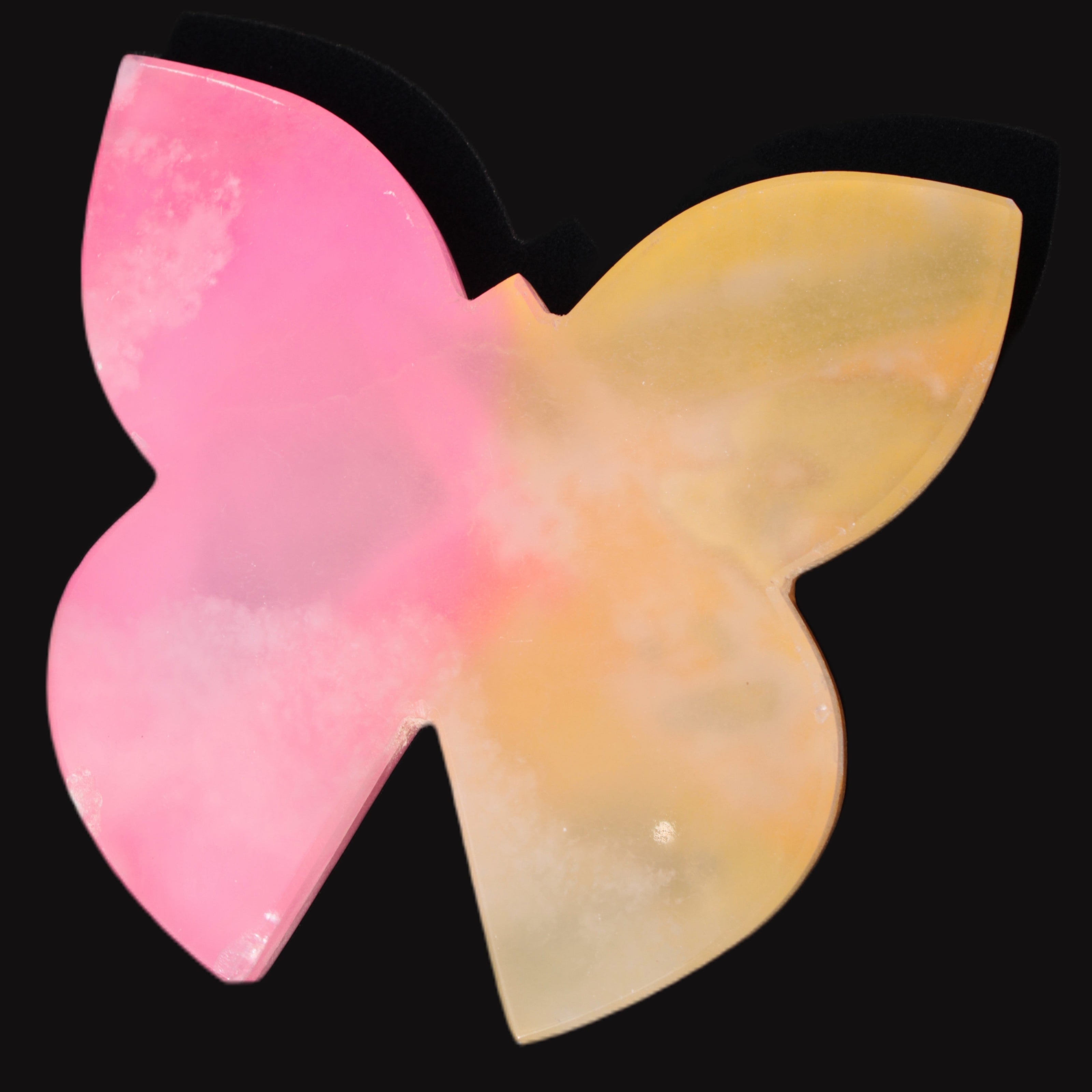 Pink and yellow Butterfly hand-carved in dyed Calcite from Pakistan 106*15*106mm 276g in sunshine - Rocks and Things Store