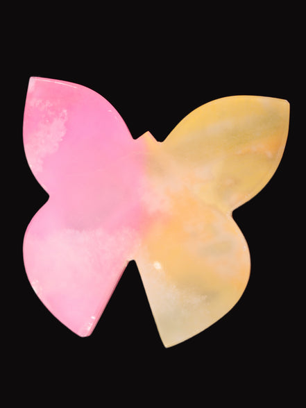 Pink and yellow Butterfly hand-carved in dyed Calcite from Pakistan 106*15*106mm 276g in sunshine - Rocks and Things Store