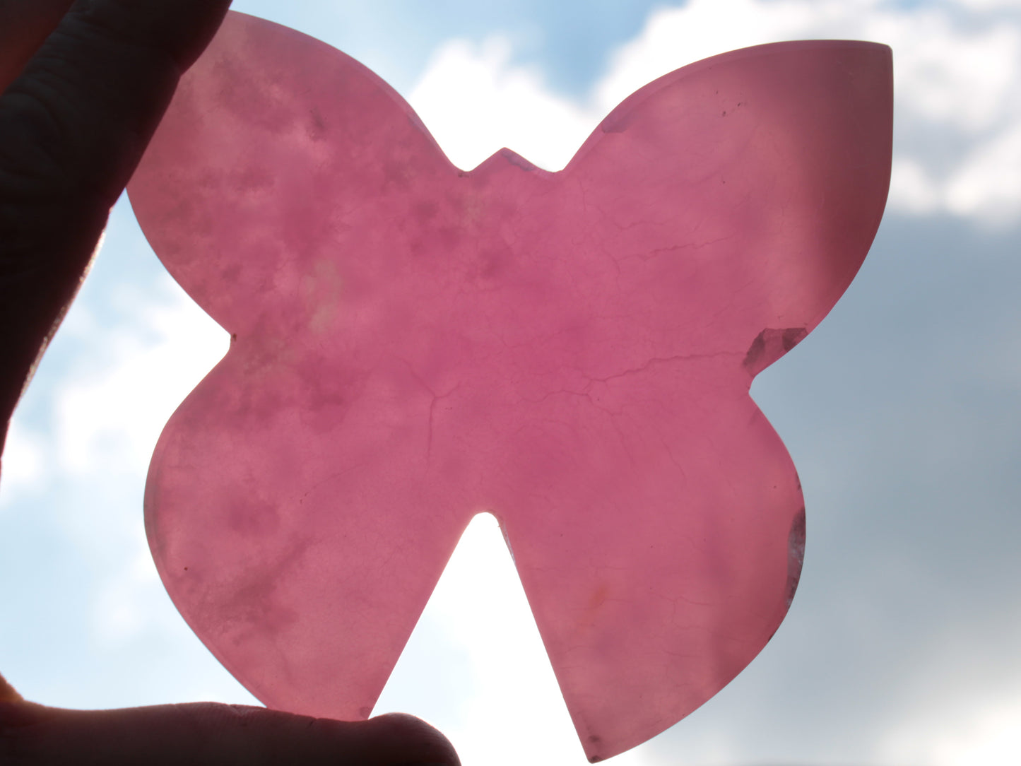 Pink Butterfly hand-carved in dyed Calcite from Pakistan 105*15*100mm 290g Rocks and Things