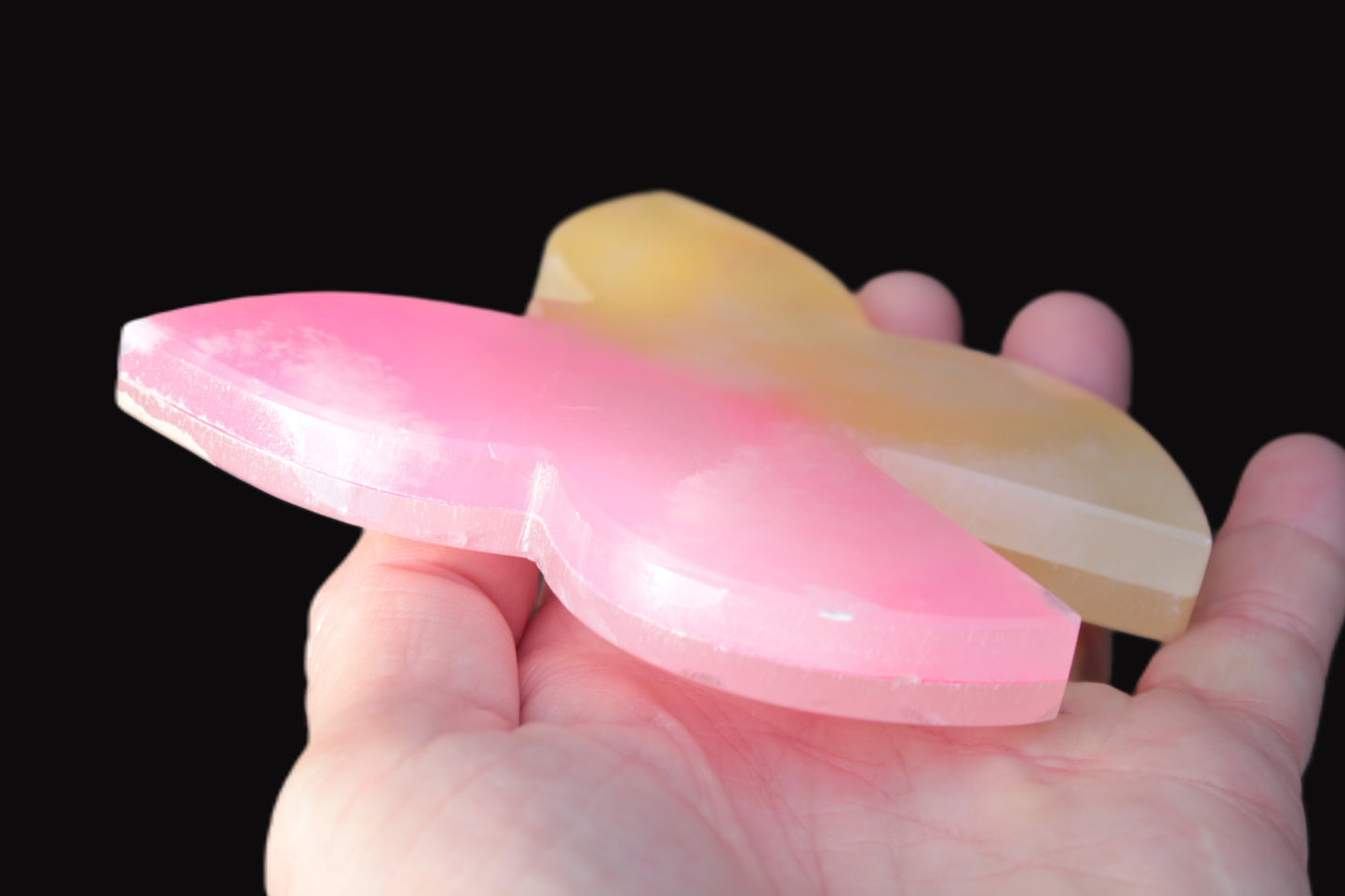 Pink and yellow Butterfly hand-carved in dyed Calcite from Pakistan 106*15*106mm 276g Rocks and Things