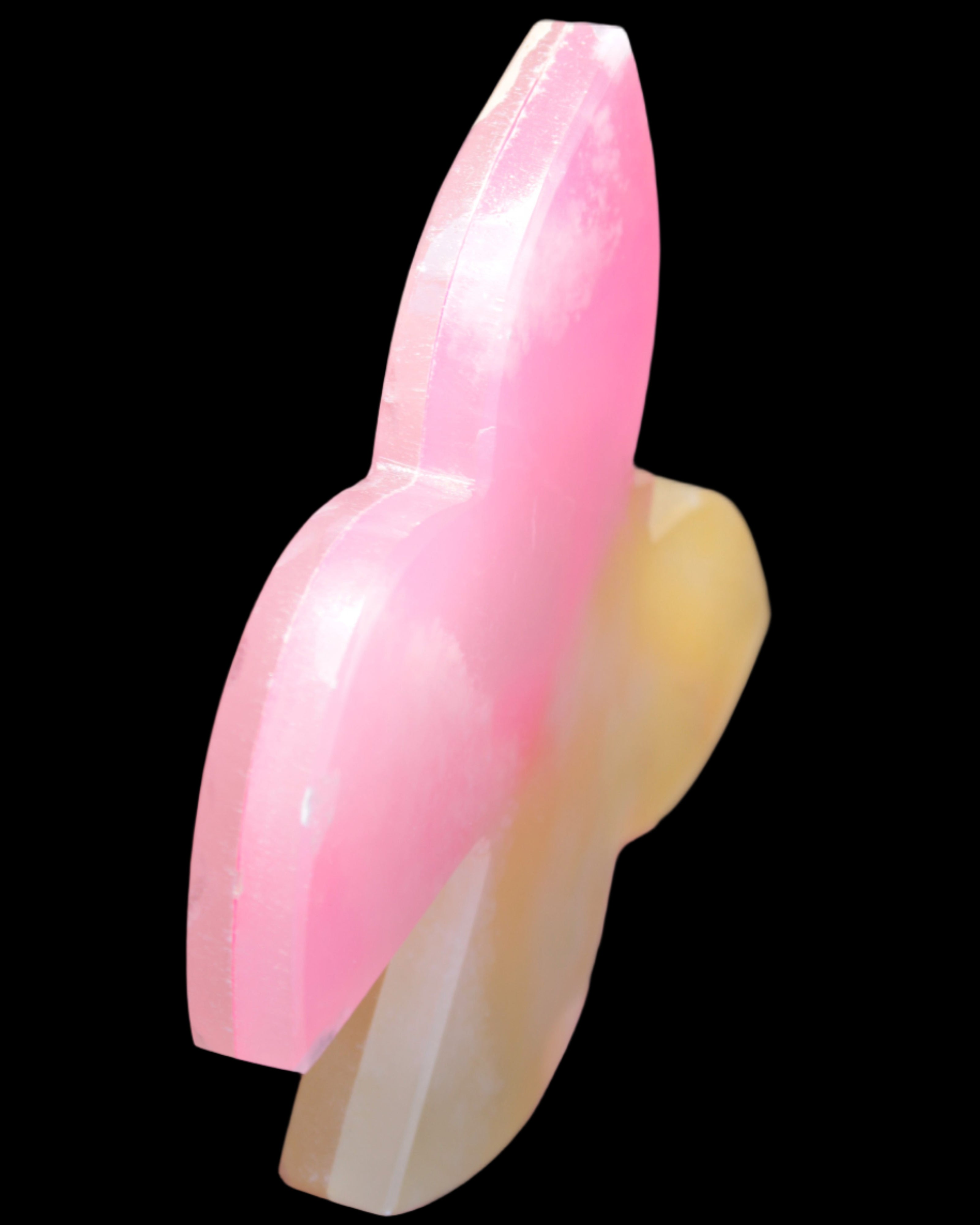 Pink and yellow Butterfly hand-carved in dyed Calcite from Pakistan 106*15*106mm 276g in sunshine - Rocks and Things Store