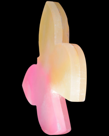 Pink and yellow Butterfly hand-carved in dyed Calcite from Pakistan 106*15*106mm 276g in sunshine - Rocks and Things Store