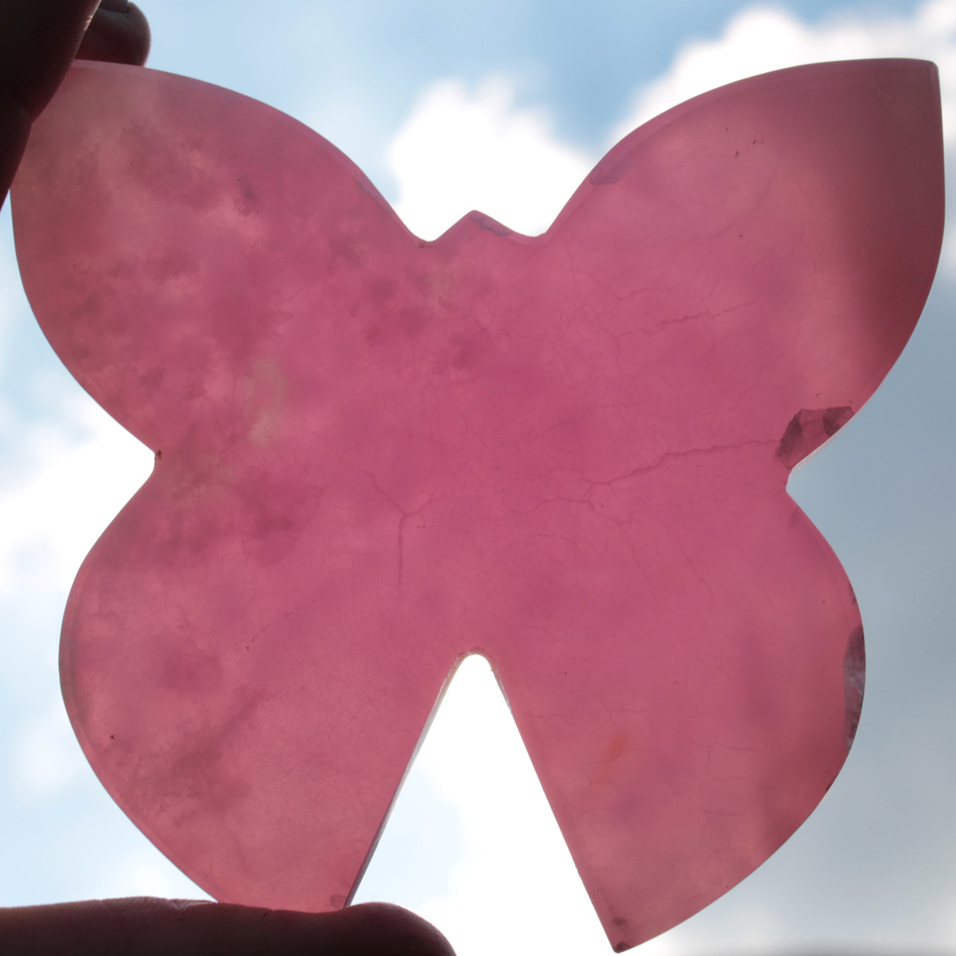 Pink Butterfly hand-carved in dyed Calcite from Pakistan 105*15*100mm 290g Rocks and Things