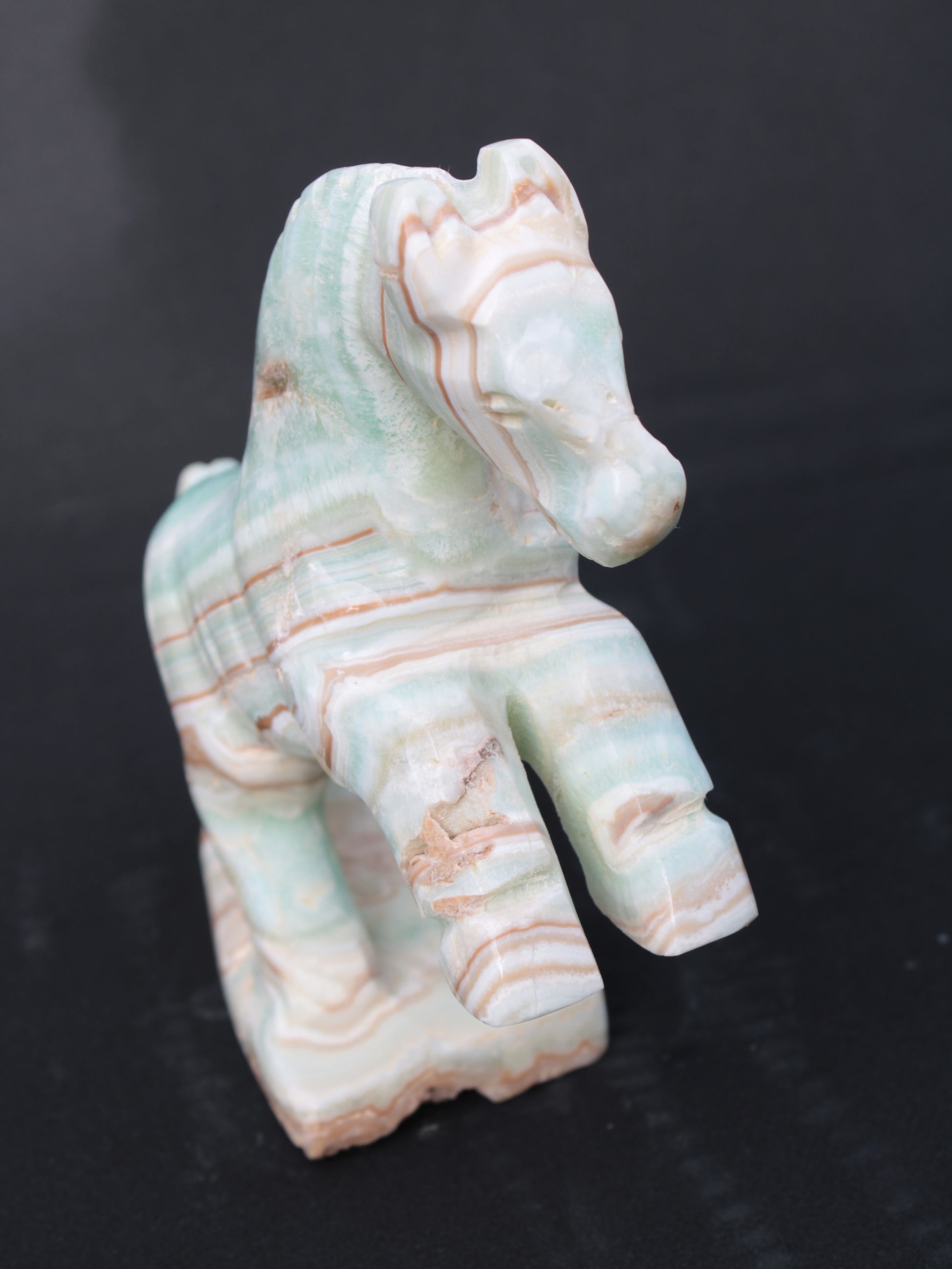 Pistachio Caribbean Calcite hand-carved prancing horse 165*55*156mm 947g Rocks and Things