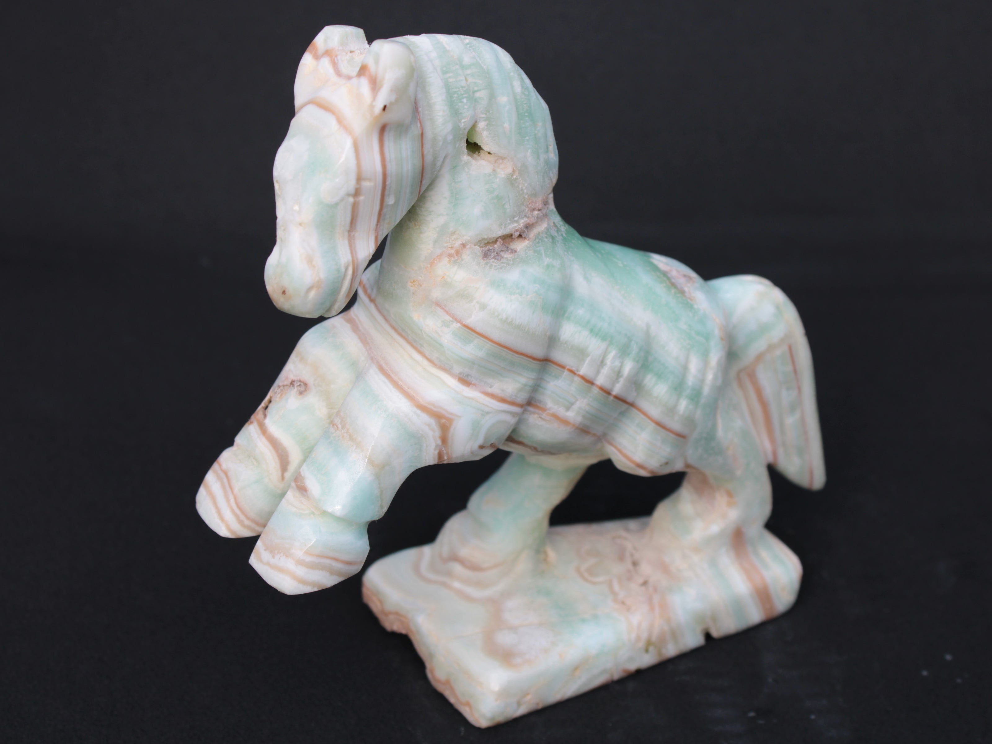 Pistachio Caribbean Calcite hand-carved prancing horse 165*55*156mm 947g Rocks and Things