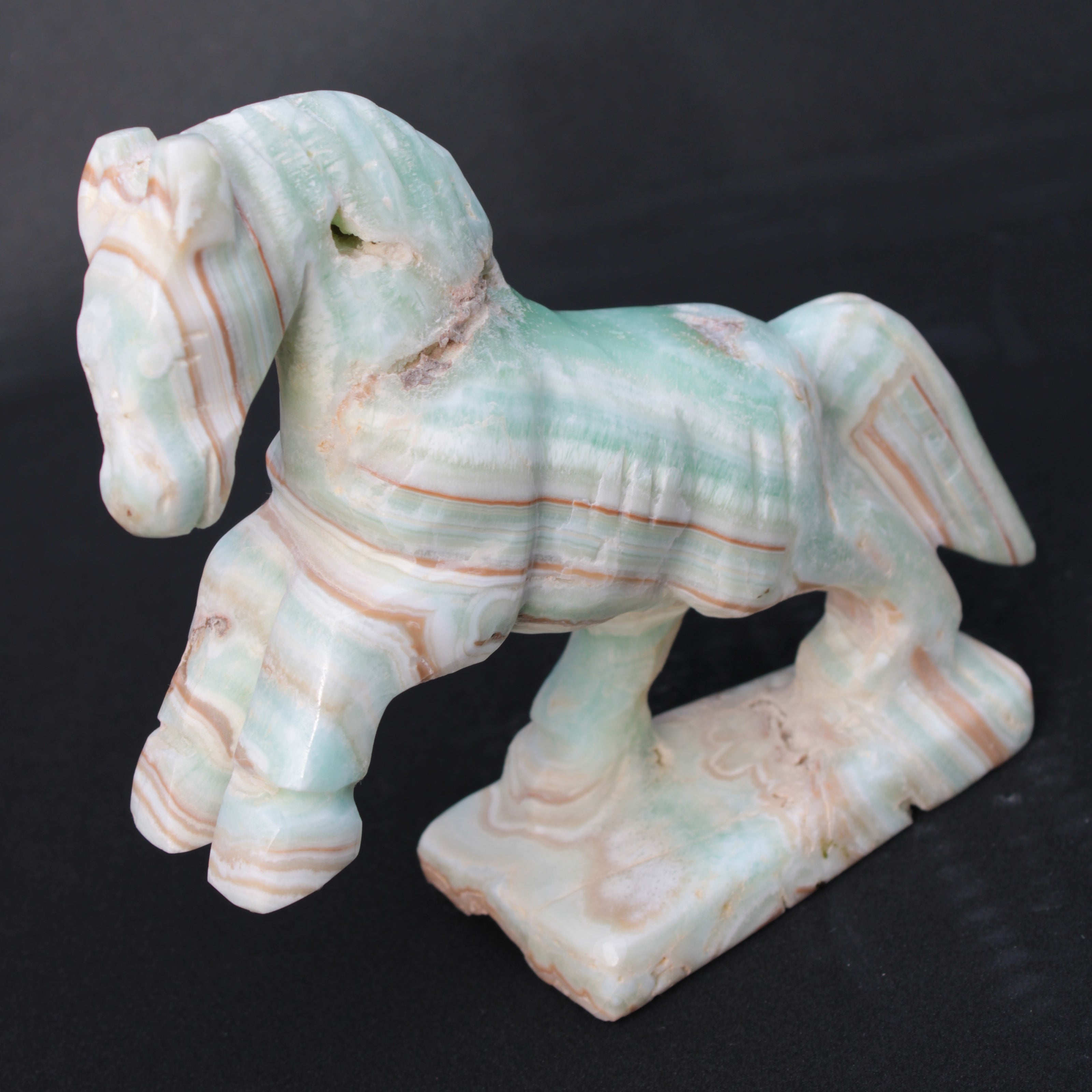 Pistachio Caribbean Calcite hand-carved prancing horse 165*55*156mm 947g Rocks and Things