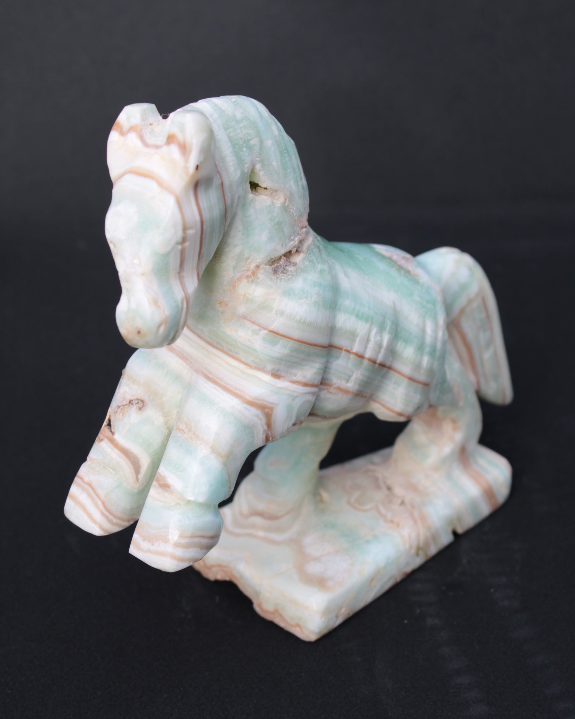 Pistachio Caribbean Calcite hand-carved prancing horse 165*55*156mm 947g Rocks and Things