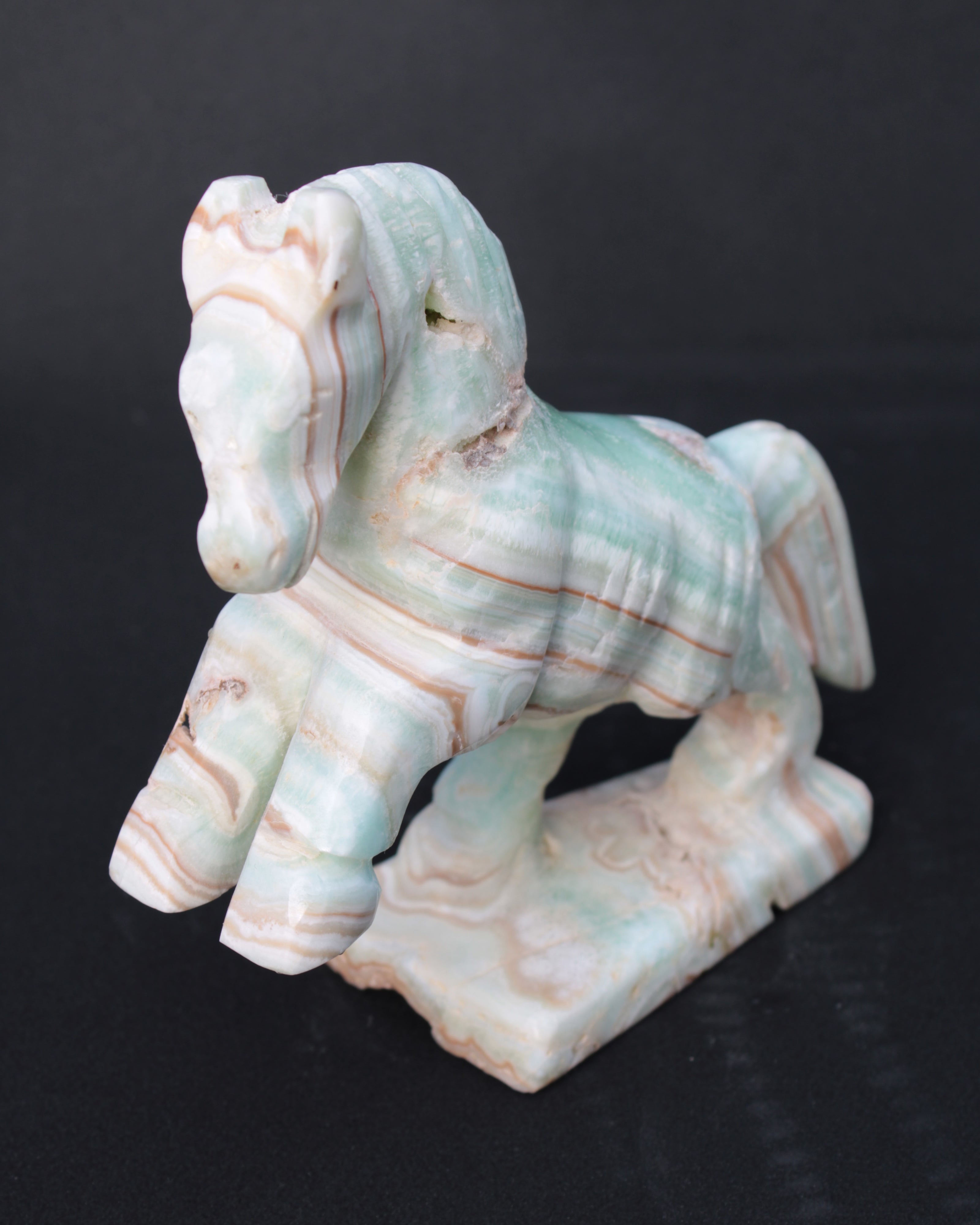 Pistachio Caribbean Calcite hand-carved prancing horse 165*55*156mm 947g Rocks and Things