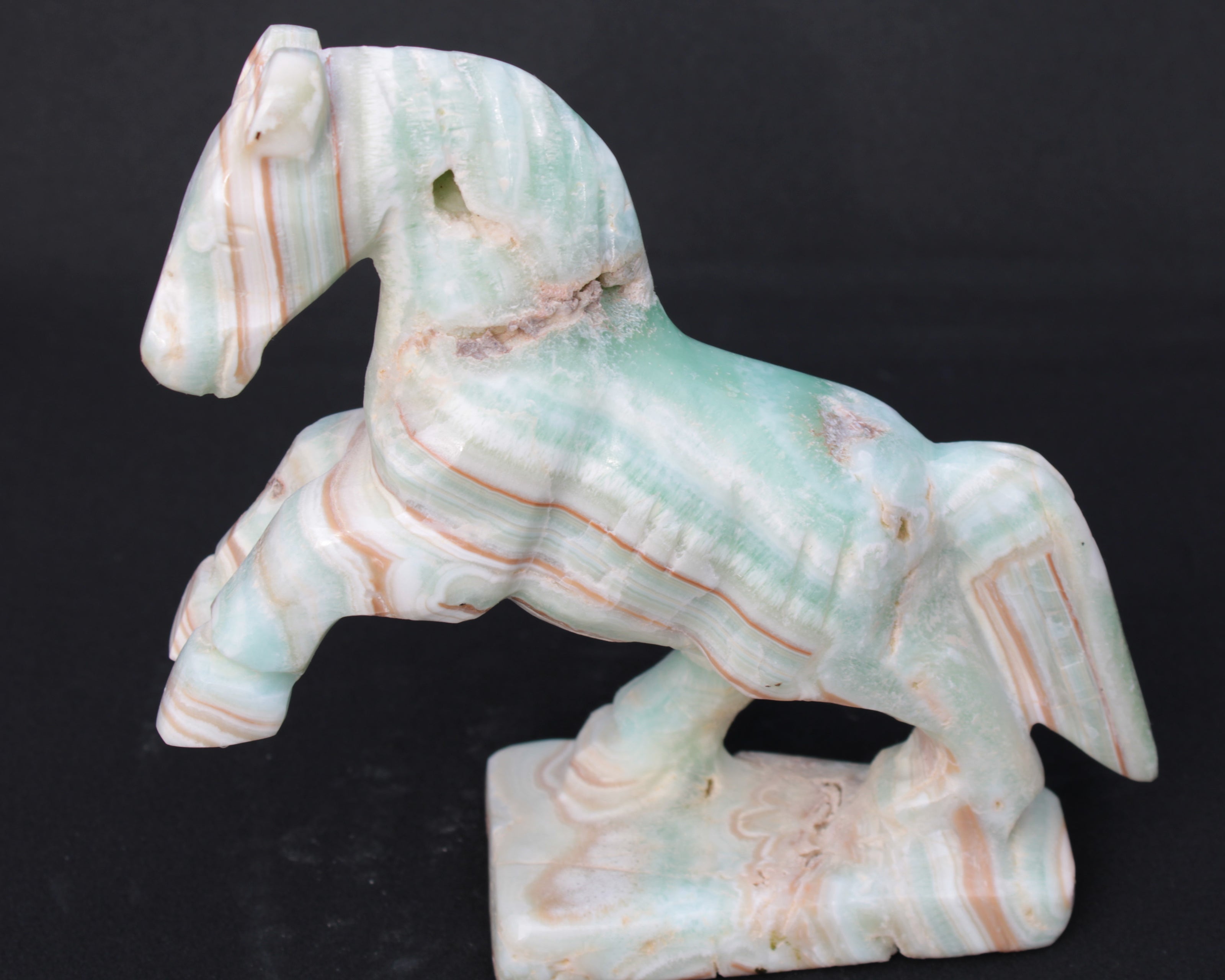 Pistachio Caribbean Calcite hand-carved prancing horse 165*55*156mm 947g Rocks and Things