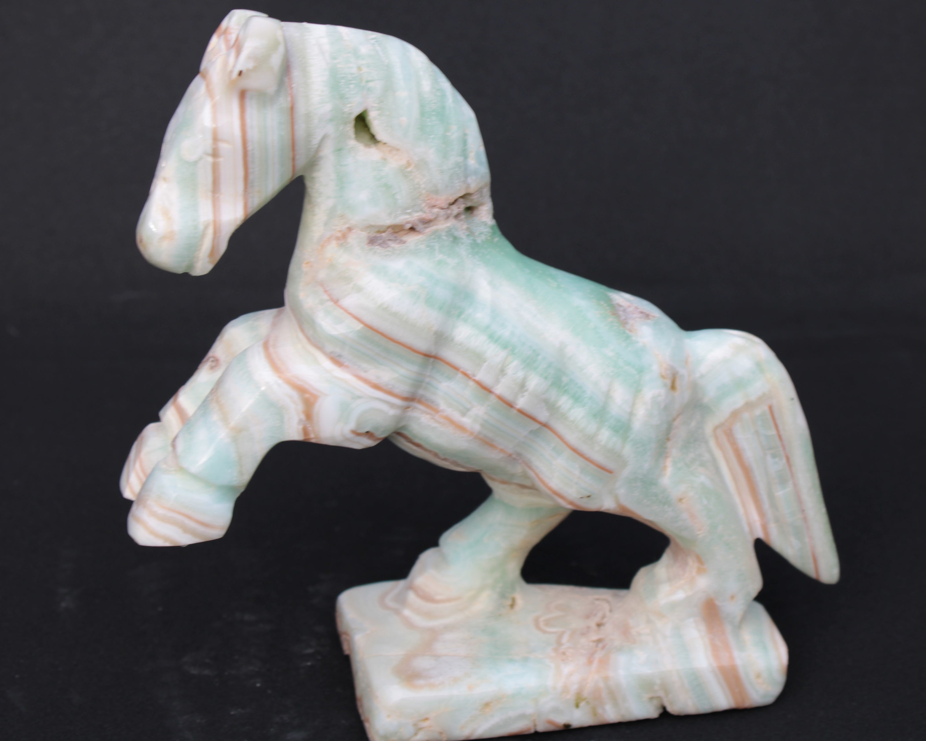 Pistachio Caribbean Calcite hand-carved prancing horse 165*55*156mm 947g Rocks and Things