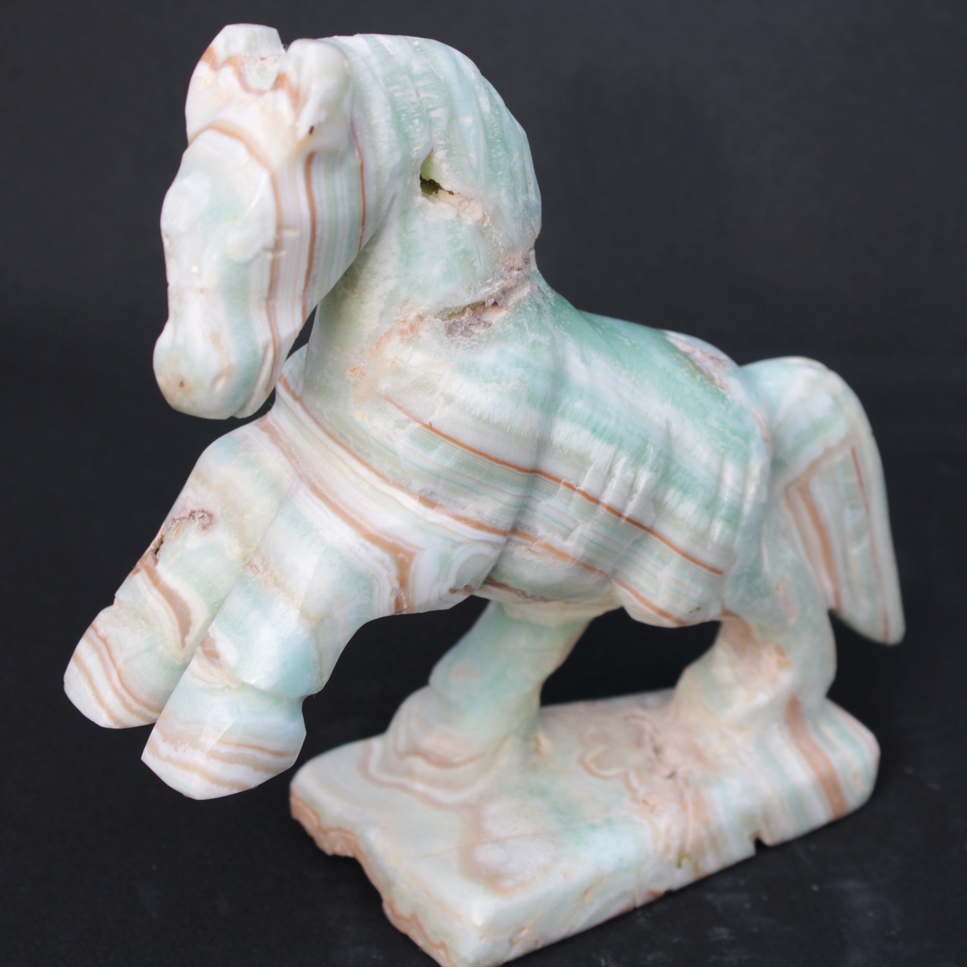Pistachio Caribbean Calcite hand-carved prancing horse 165*55*156mm 947g Rocks and Things