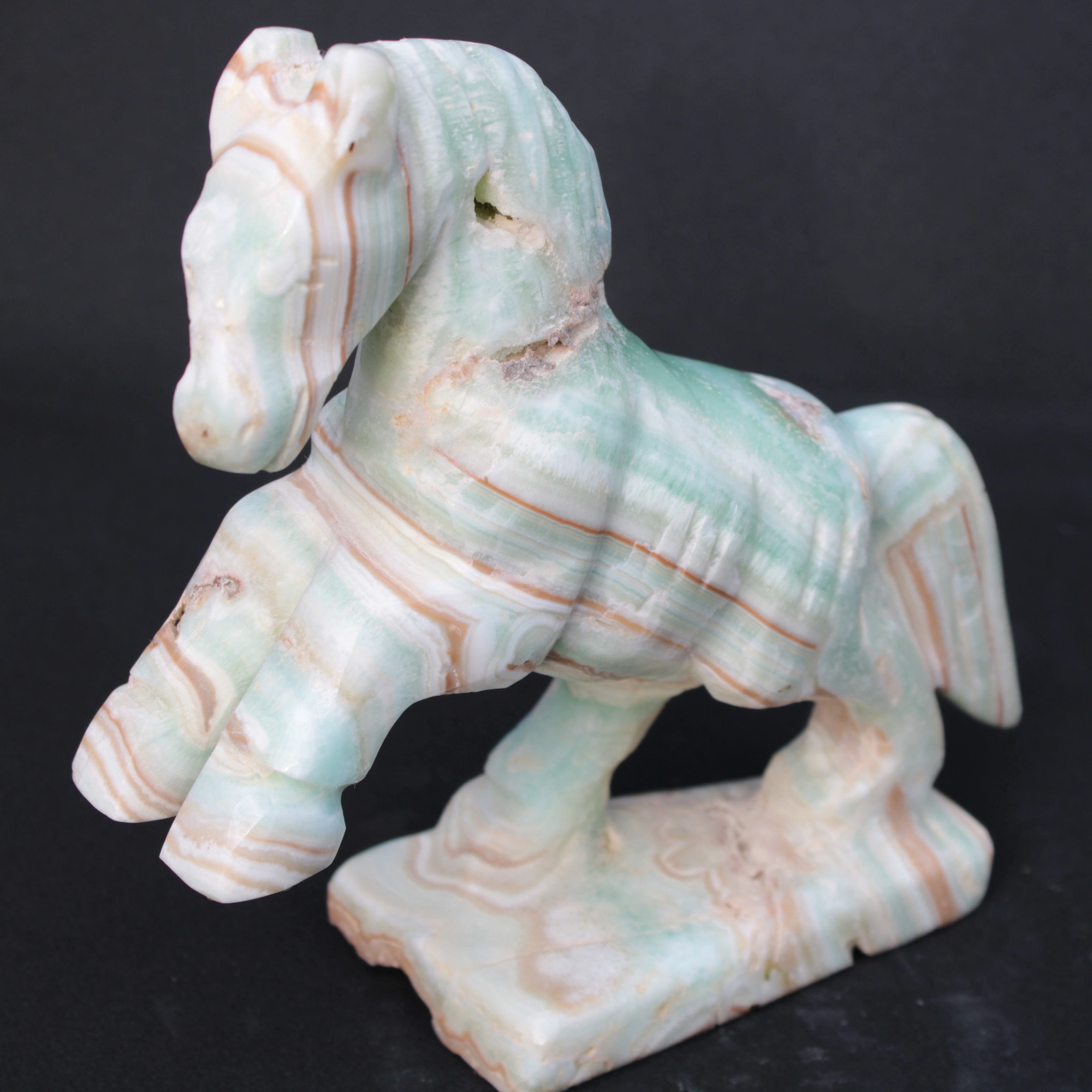 Pistachio Caribbean Calcite hand-carved prancing horse 165*55*156mm 947g Rocks and Things
