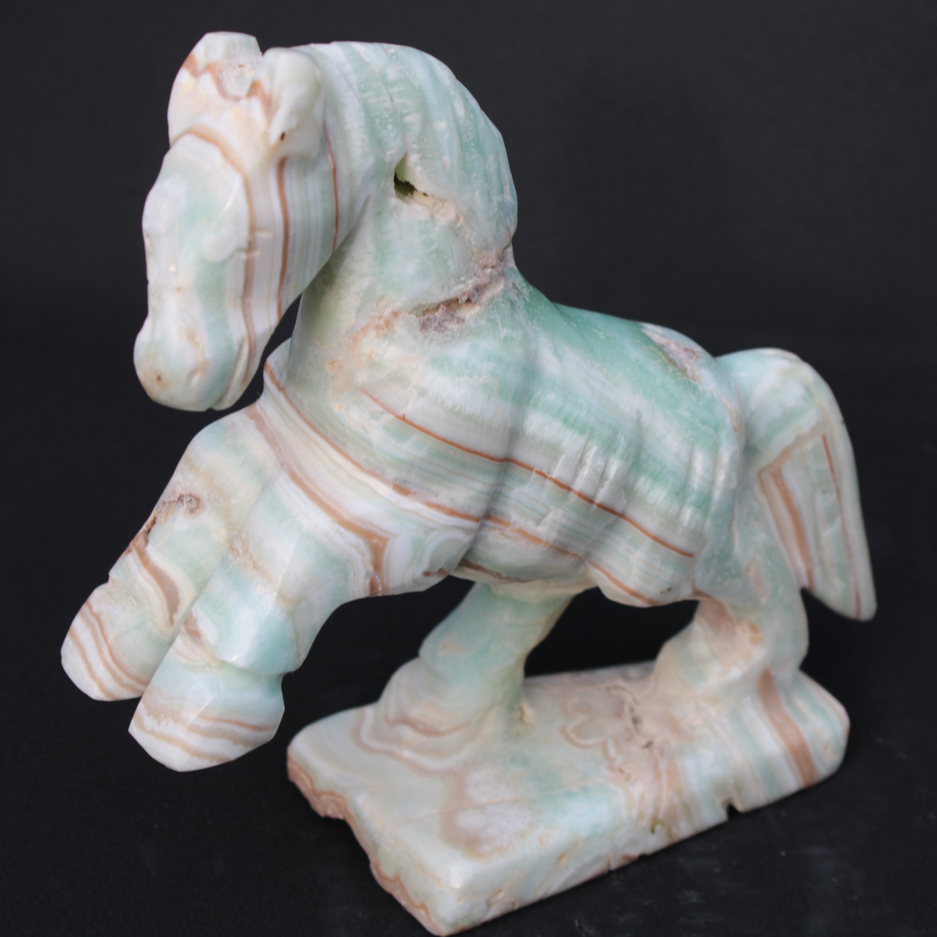 Pistachio Caribbean Calcite hand-carved prancing horse 165*55*156mm 947g Rocks and Things