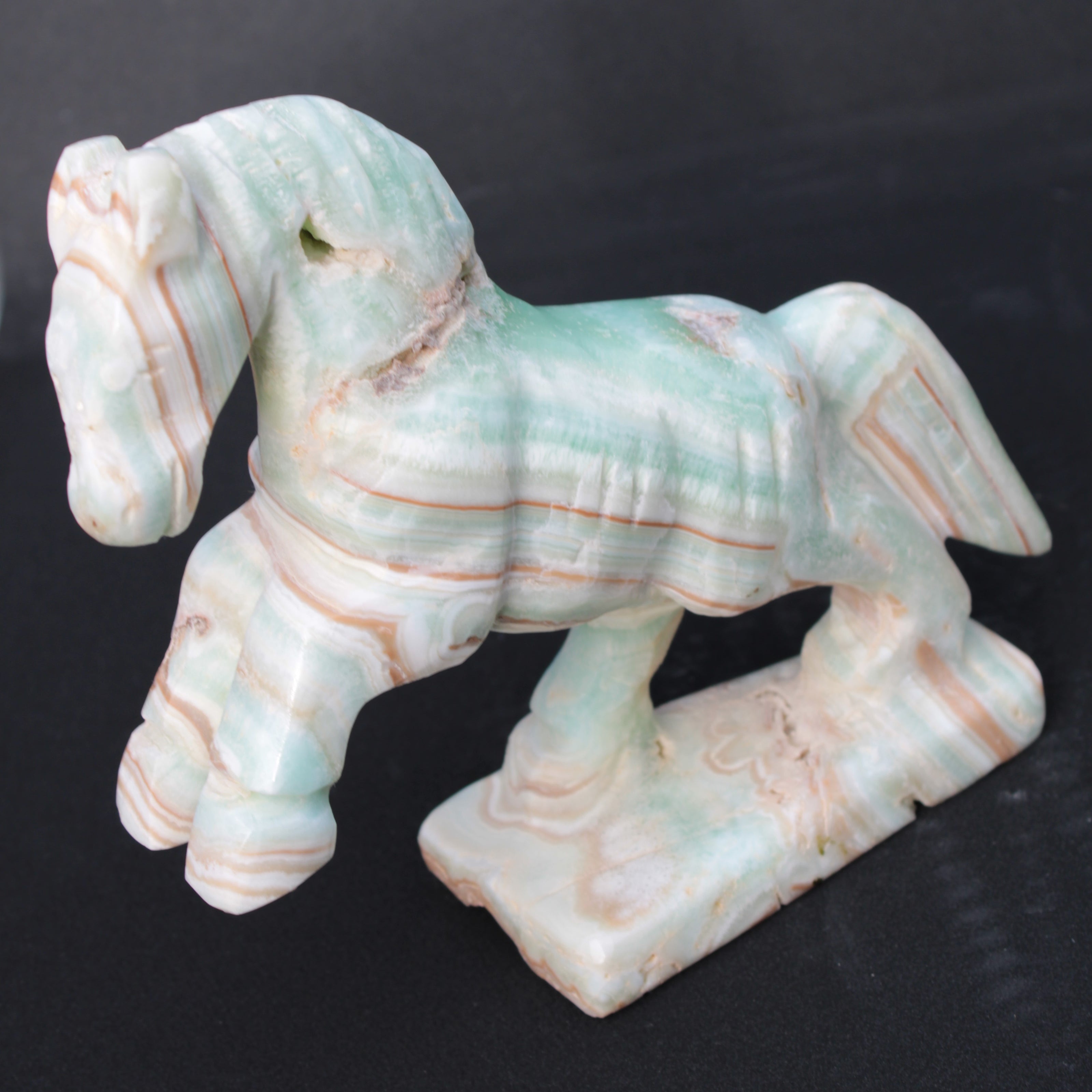 Pistachio Caribbean Calcite hand-carved prancing horse 165*55*156mm 947g Rocks and Things