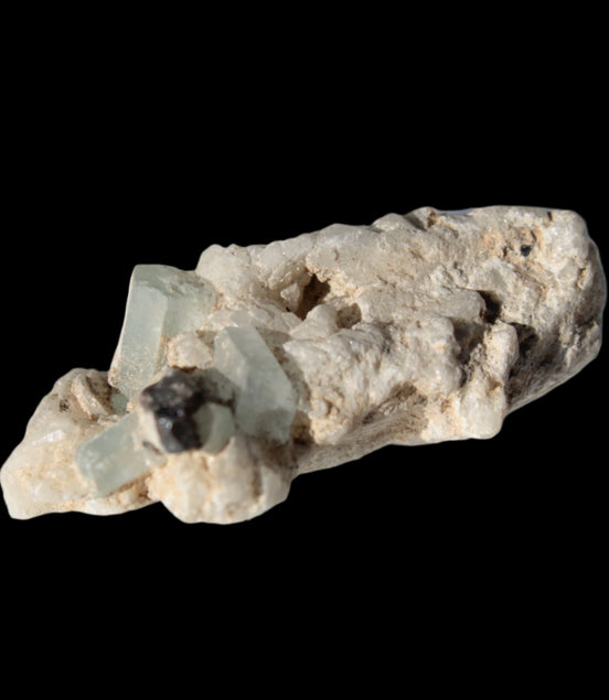 Tiny Blue Aquamarine crystals on Feldspar matrix 41.2ct 8.2g in sunshine - Rocks and Things Store