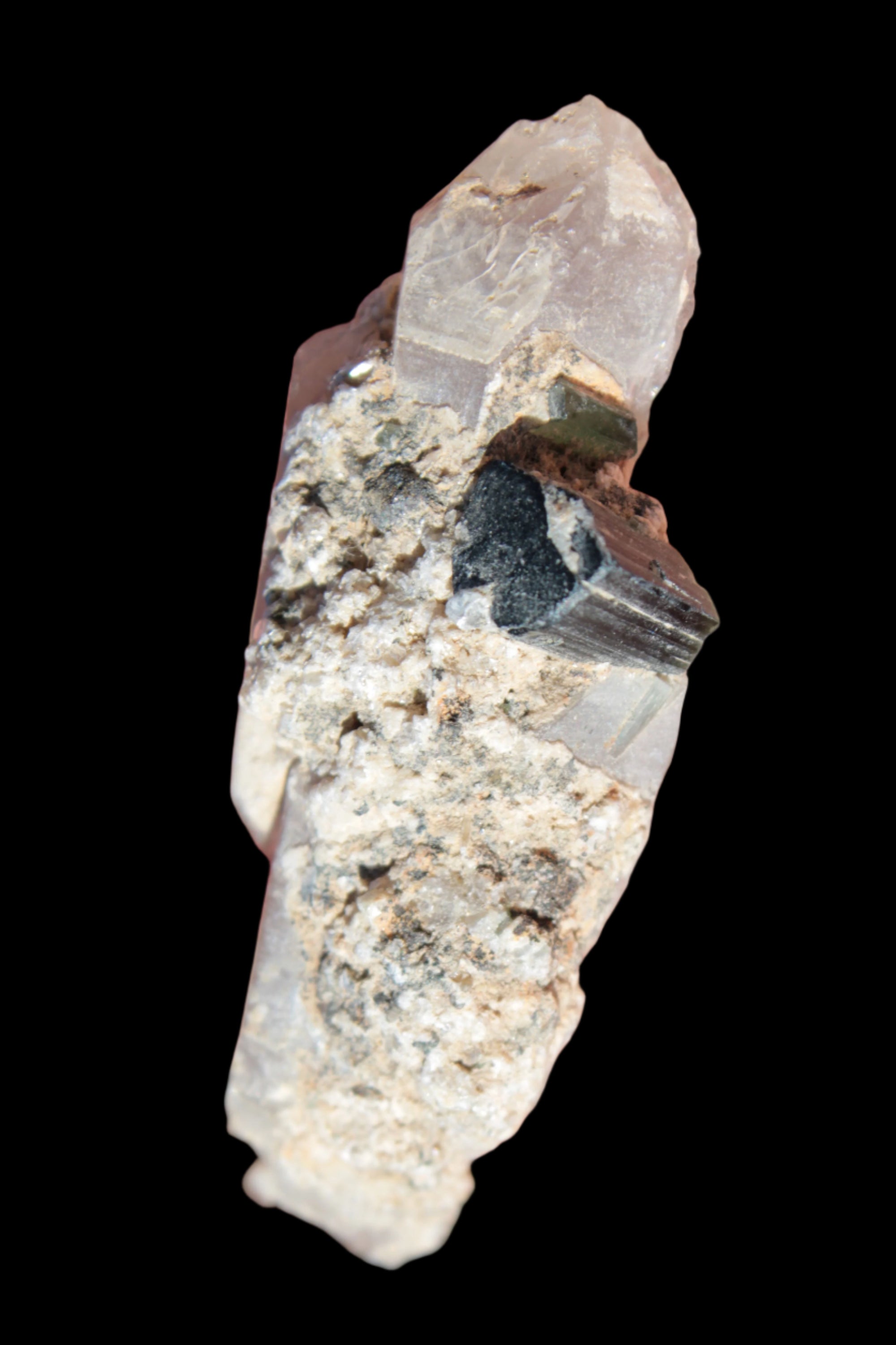 Black & Green Tourmaline on elestial Smoky Quartz crystal with Calcite from Afghanistan 67.3ct 13.4g - Rocks and Things Store