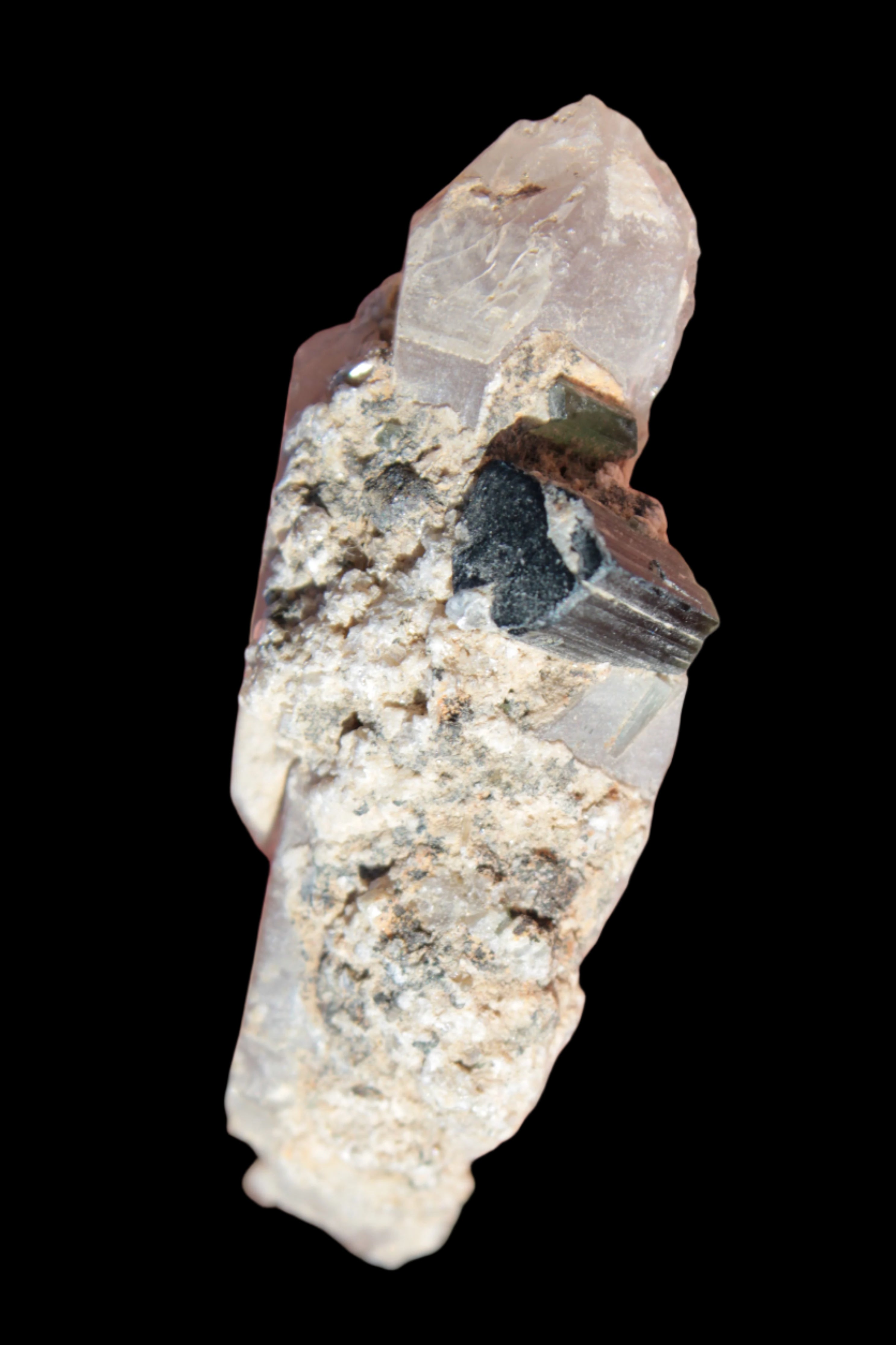 Black & Green Tourmaline on elestial Smoky Quartz crystal with Calcite from Afghanistan 67.3ct 13.4g - Rocks and Things Store