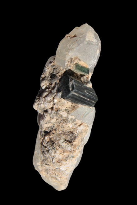Black & Green Tourmaline on elestial Smoky Quartz crystal with Calcite from Afghanistan 67.3ct 13.4g - Rocks and Things Store