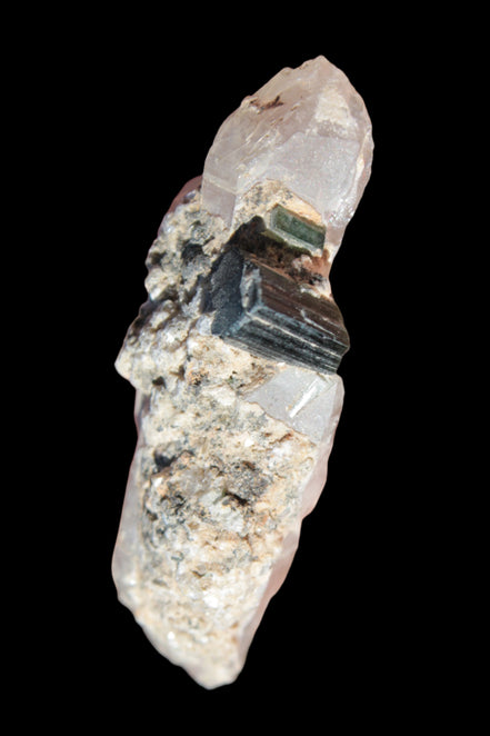 Black & Green Tourmaline on elestial Smoky Quartz crystal with Calcite from Afghanistan 67.3ct 13.4g - Rocks and Things Store