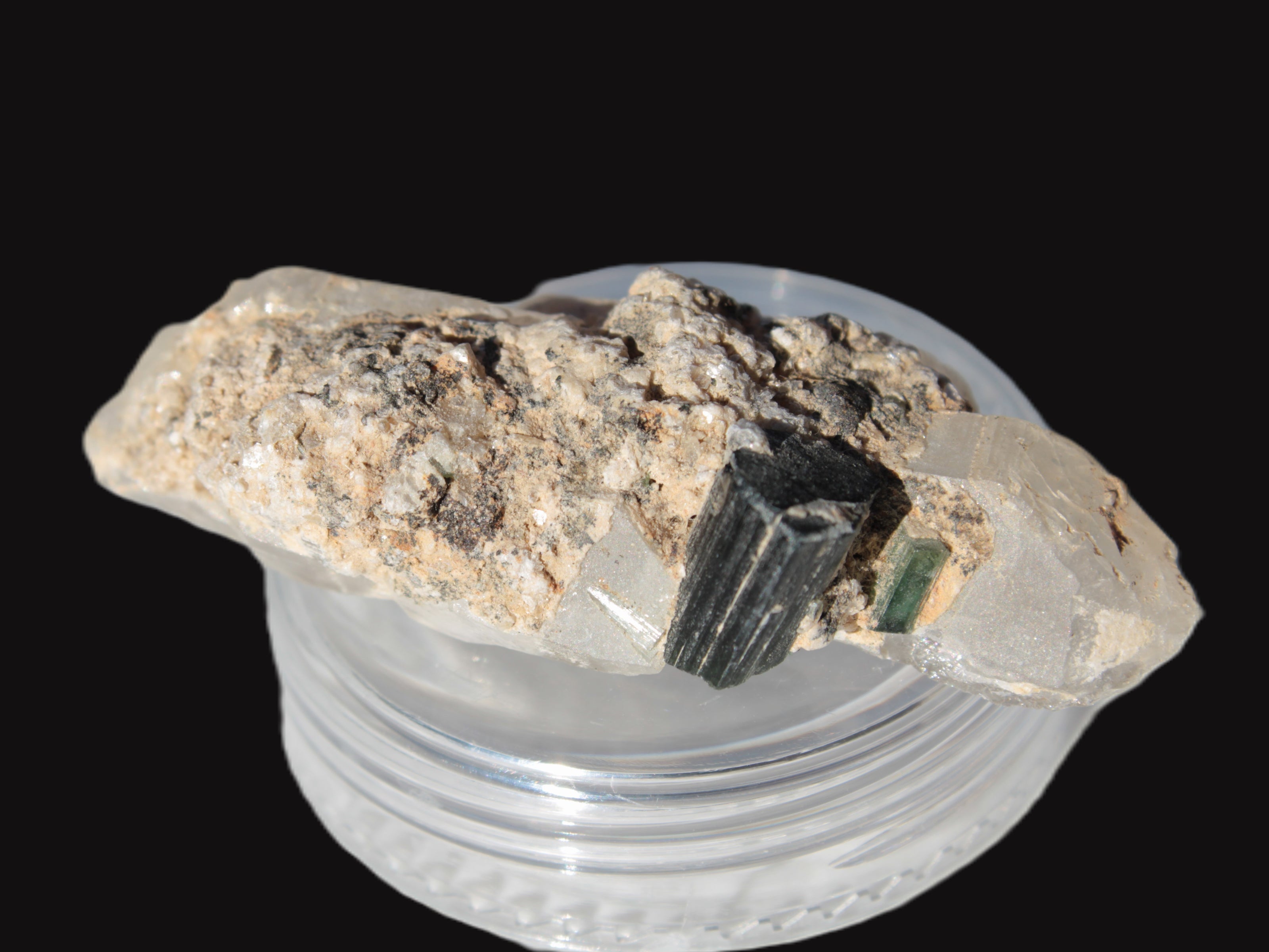 Black & Green Tourmaline on elestial Smoky Quartz crystal with Calcite from Afghanistan 67.3ct 13.4g Rocks and Things