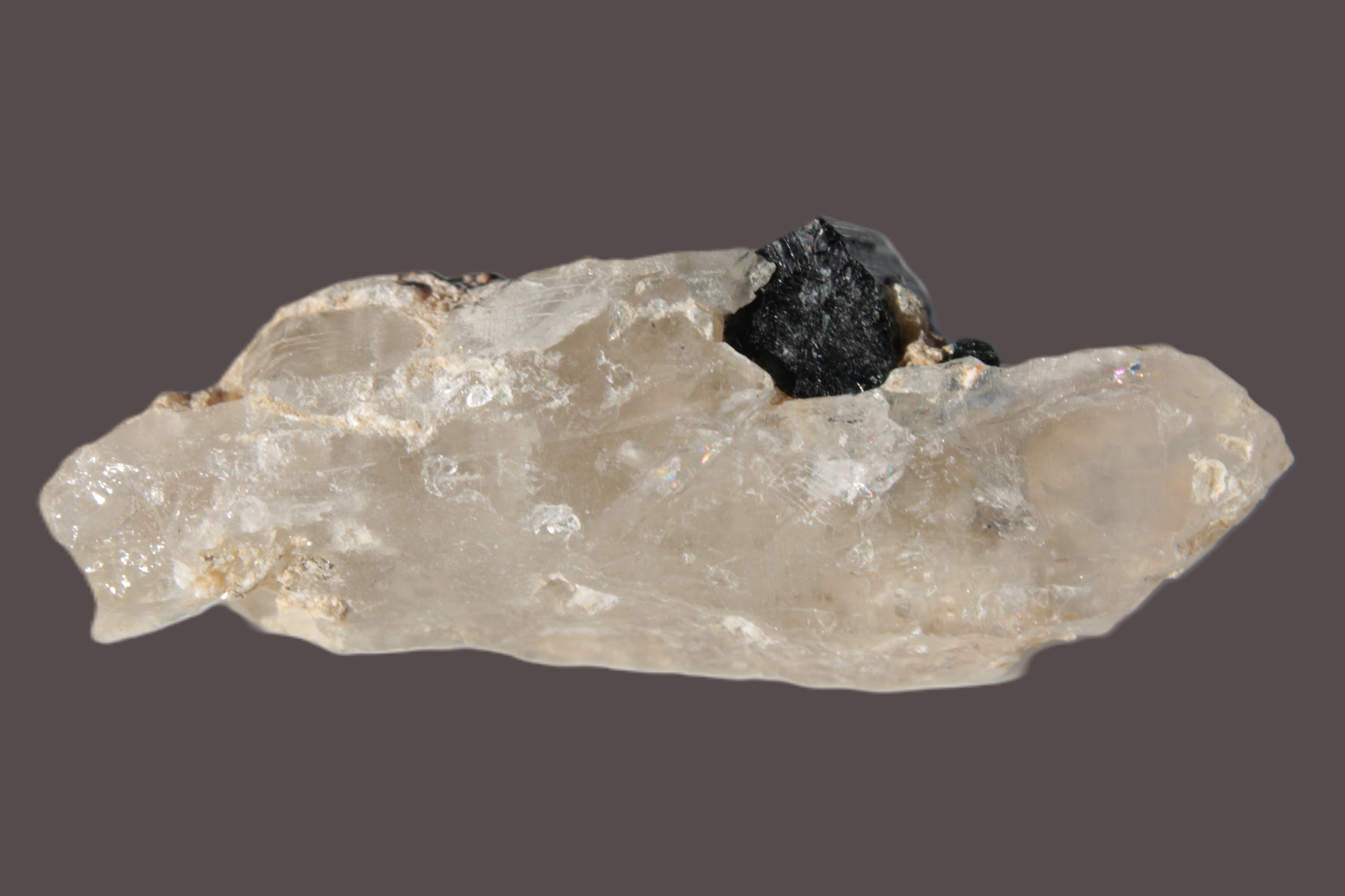 Black & Green Tourmaline on elestial Smoky Quartz crystal with Calcite from Afghanistan 67.3ct 13.4g Rocks and Things