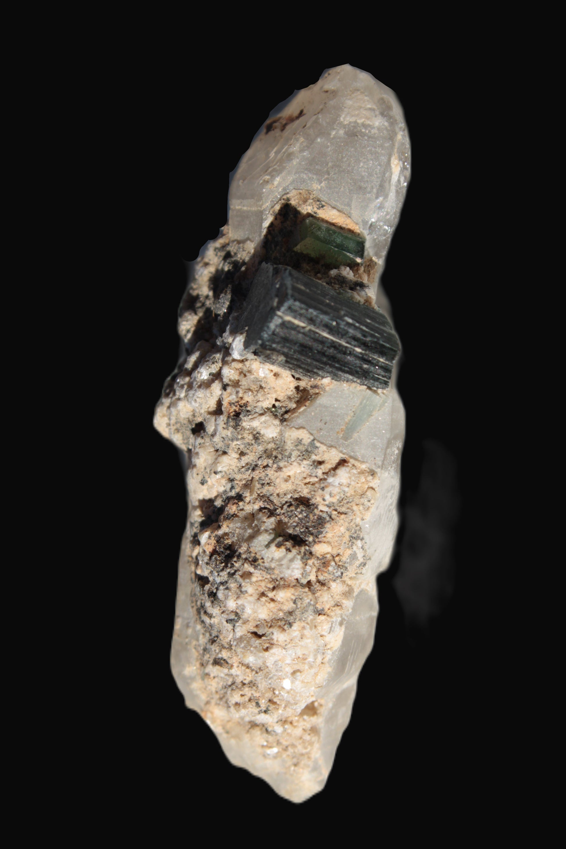 Black & Green Tourmaline on elestial Smoky Quartz crystal with Calcite from Afghanistan 67.3ct 13.4g - Rocks and Things Store